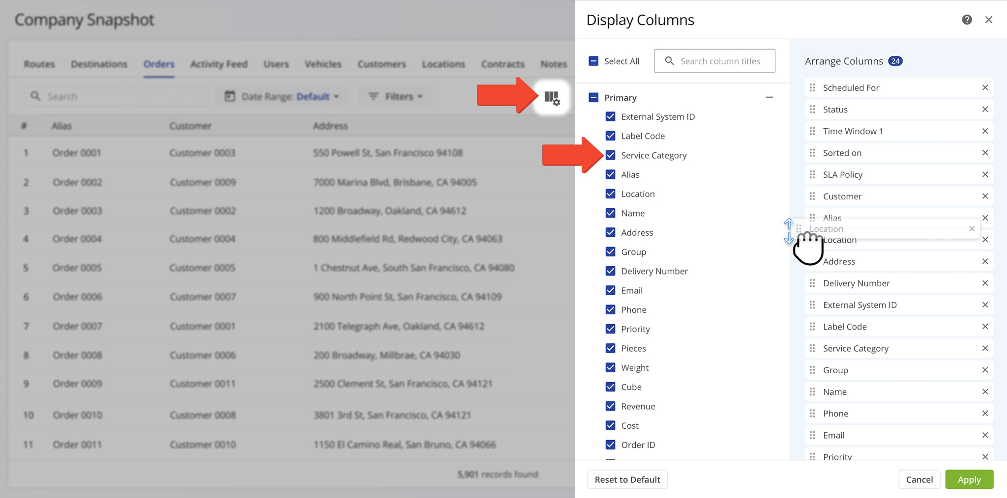 You can customize which data columns appear in the table and in what order.