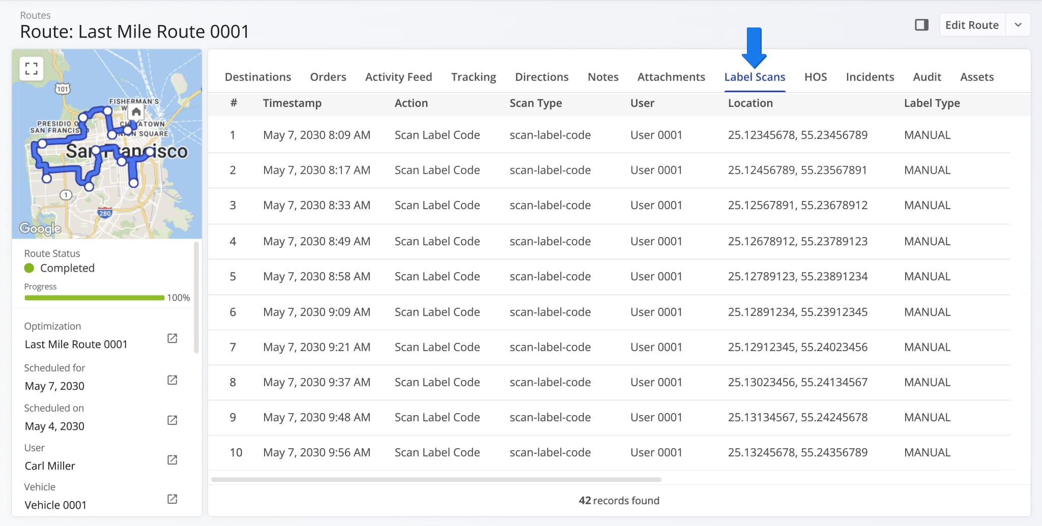 From the Label Scan tab in your Route Snapshot, you can access an overview of all scan activity associated with a route.