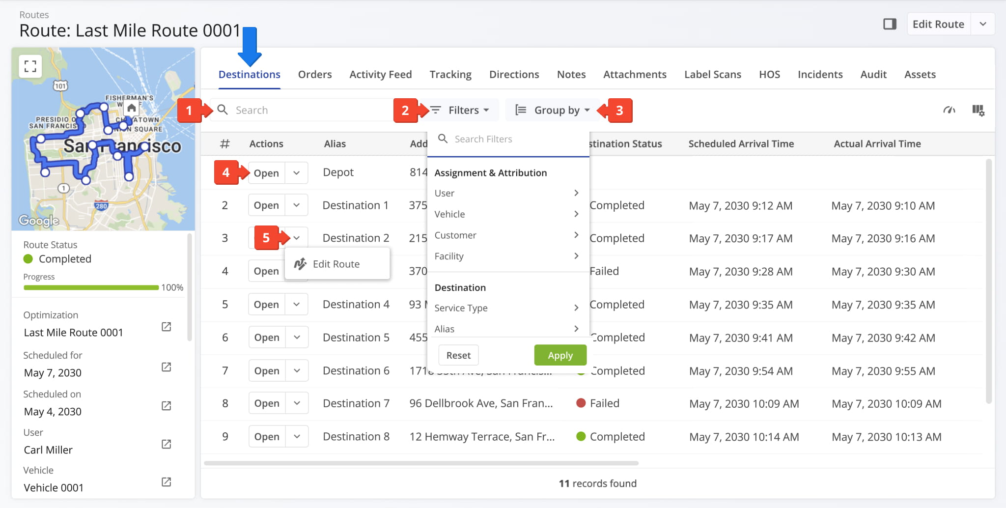 The Destinations data table provides an at-a-glance overview of essential details related to every destination on a route.