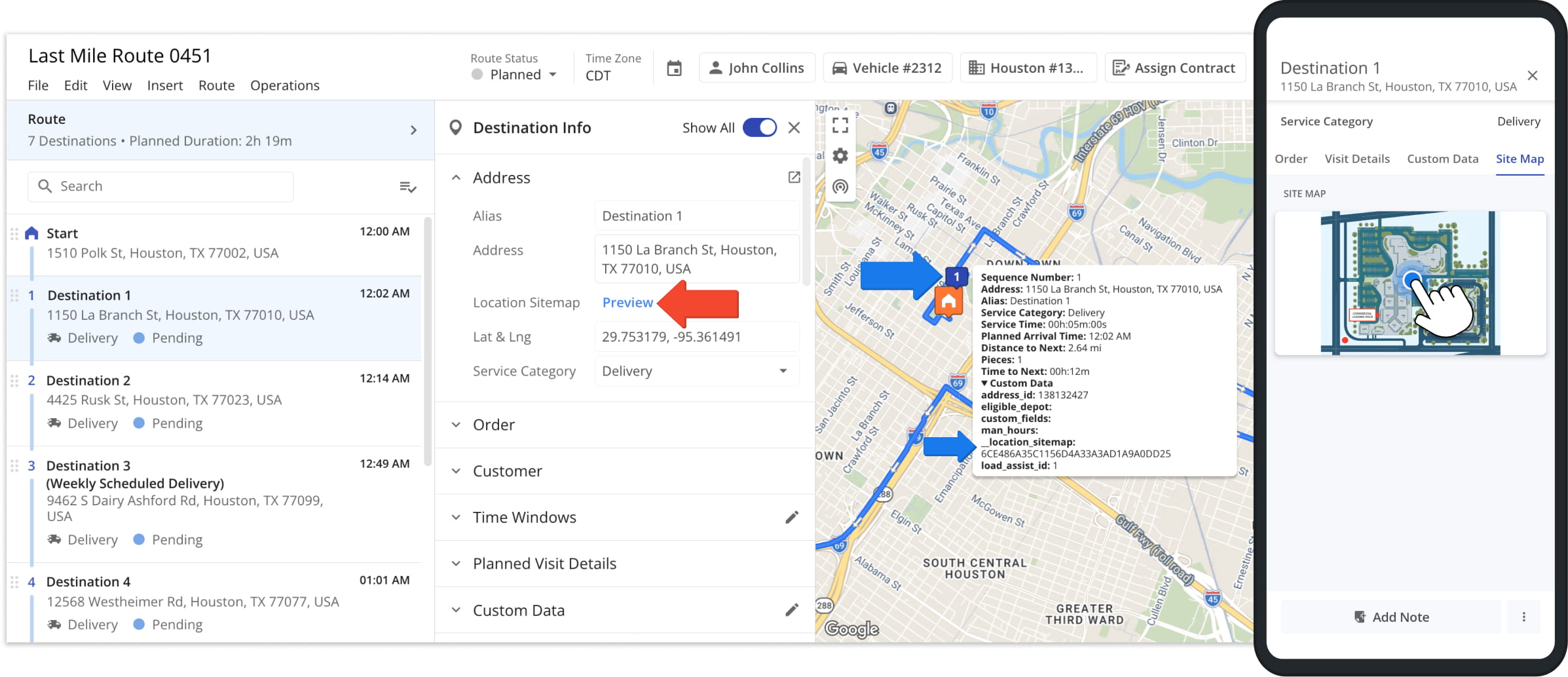 When you plan routes with Locations that have Sitemaps, the sitemap files and images will be associated with the corresponding route destinations and are instantly accessible on the Mobile Driver App.