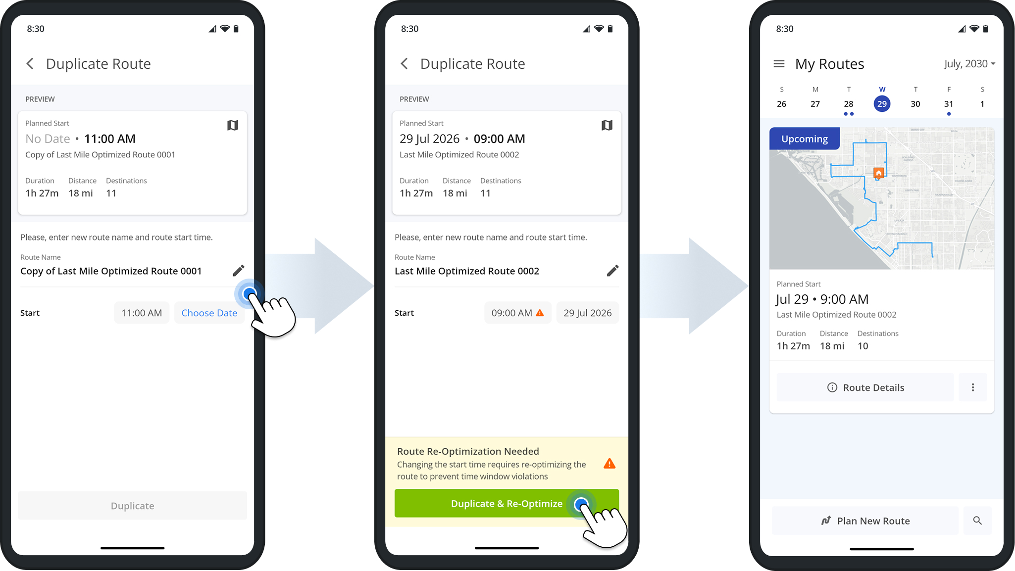 Since a new start time can affect delivery or arrival windows, Route4Me automatically re-optimizes the route to prevent time window violations.