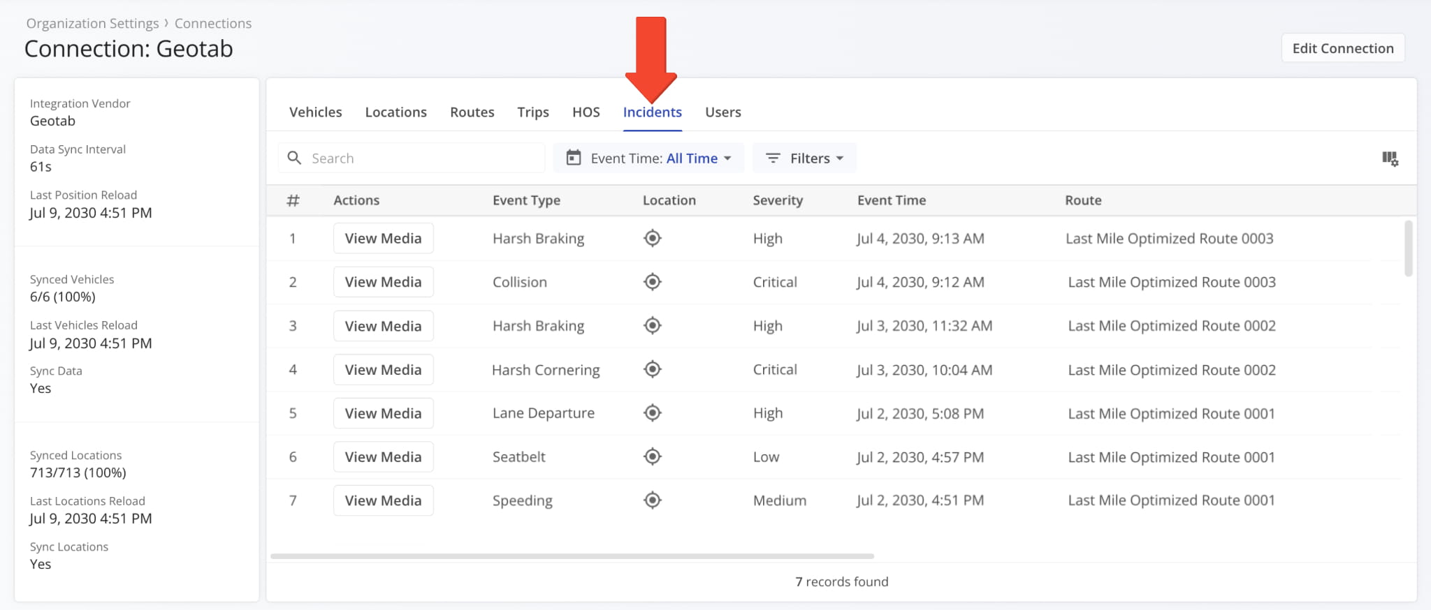 The Incidents tab is also available in Telematics Snapshots, showing Safety Incidents tied to a Telematics Connection.