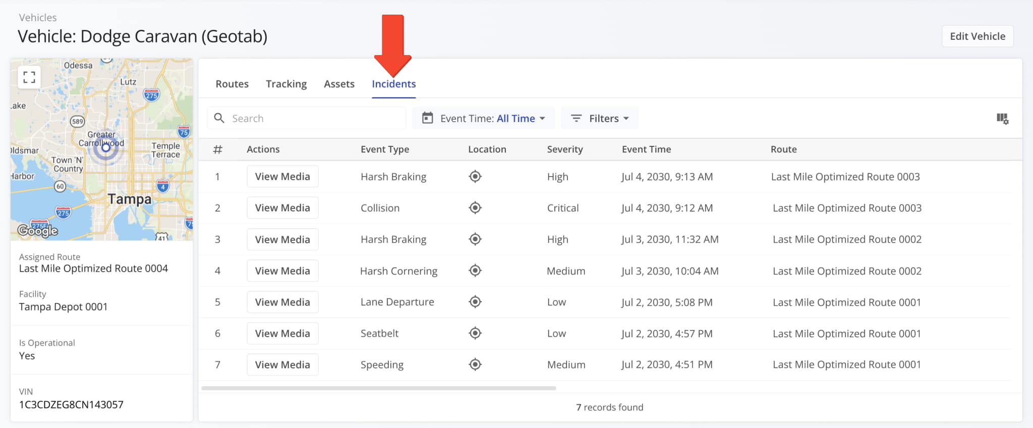 When you open a Vehicle Snapshot, the Incidents tab shows all Safety Incidents recorded for that vehicle.