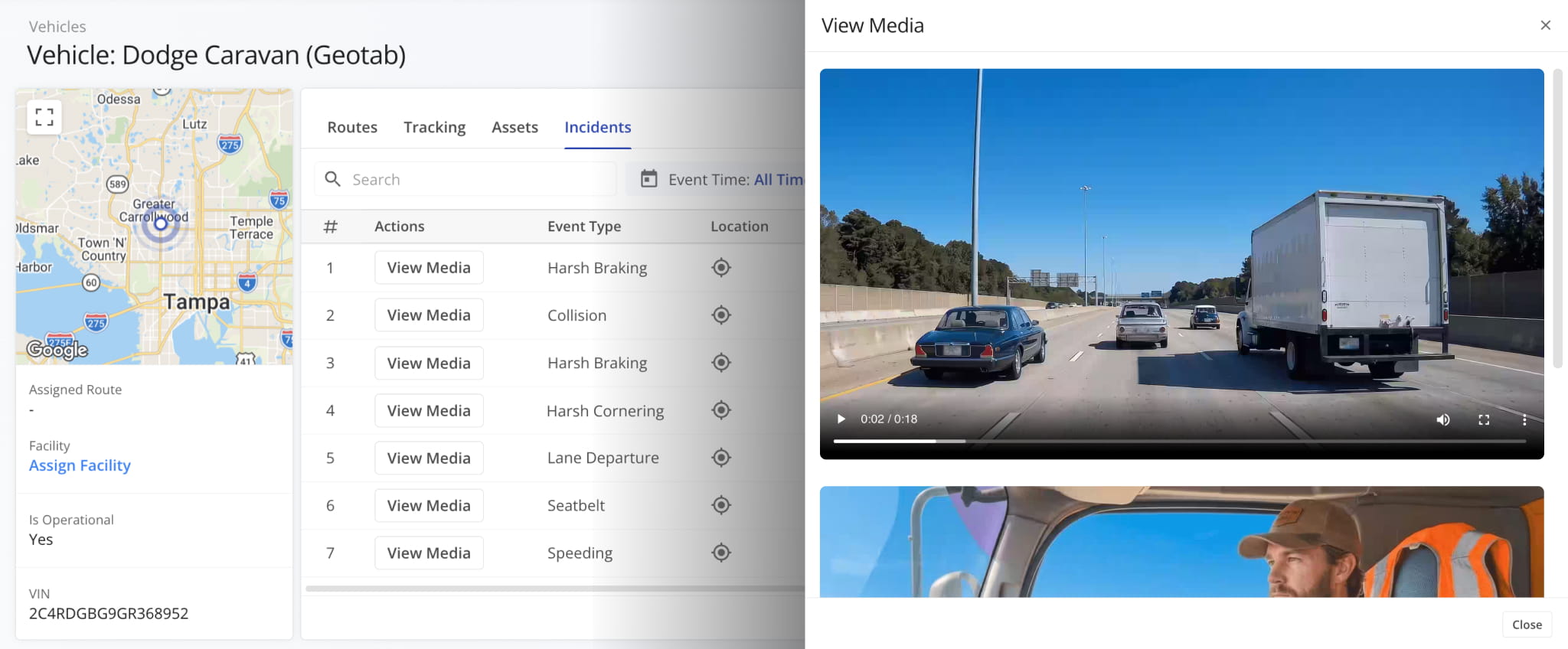 The Incidents tab displays recorded safety incidents with configurable data columns, plus media recordings when available.