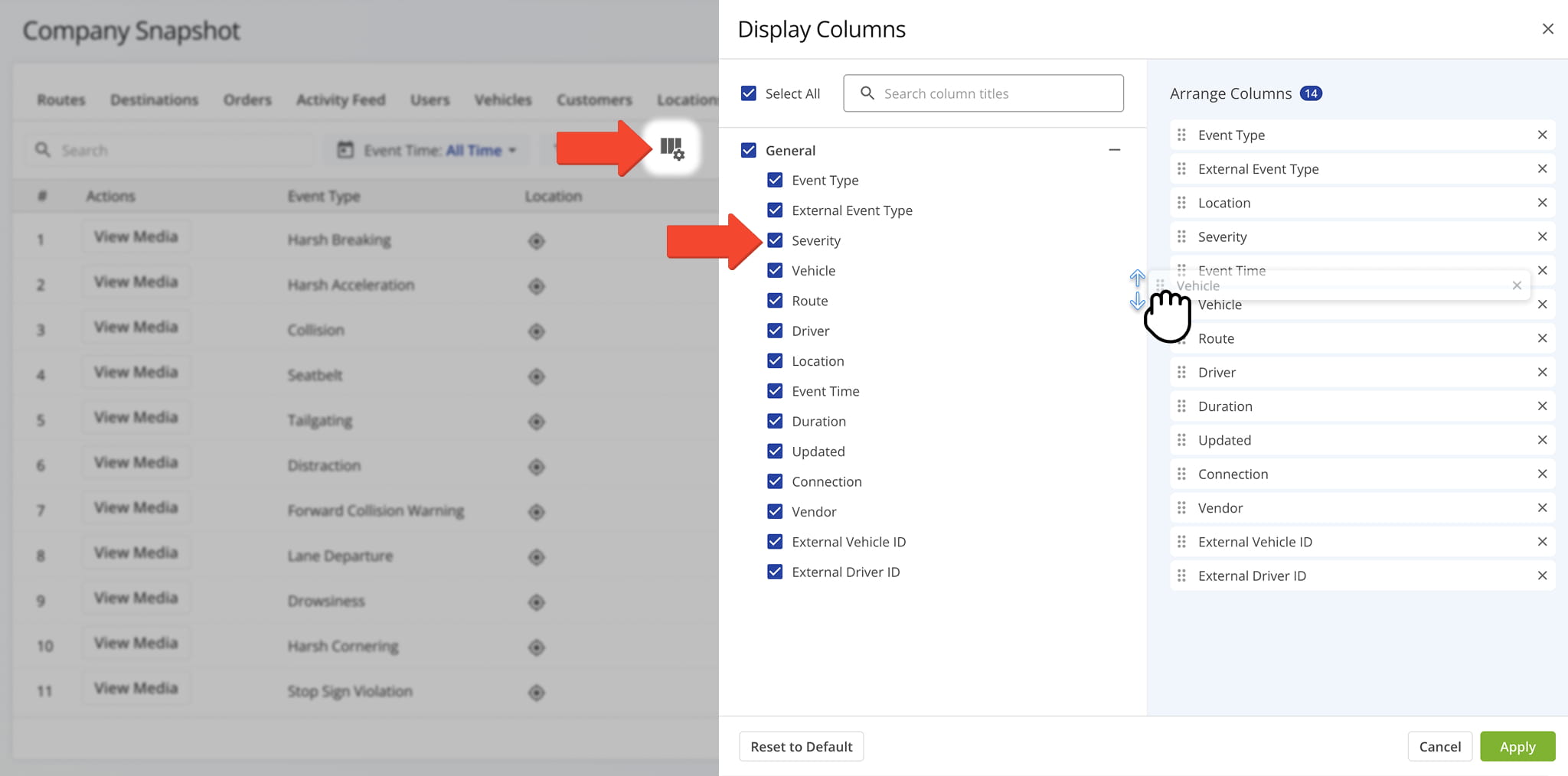You can customize which data columns appear in the table and in what order.