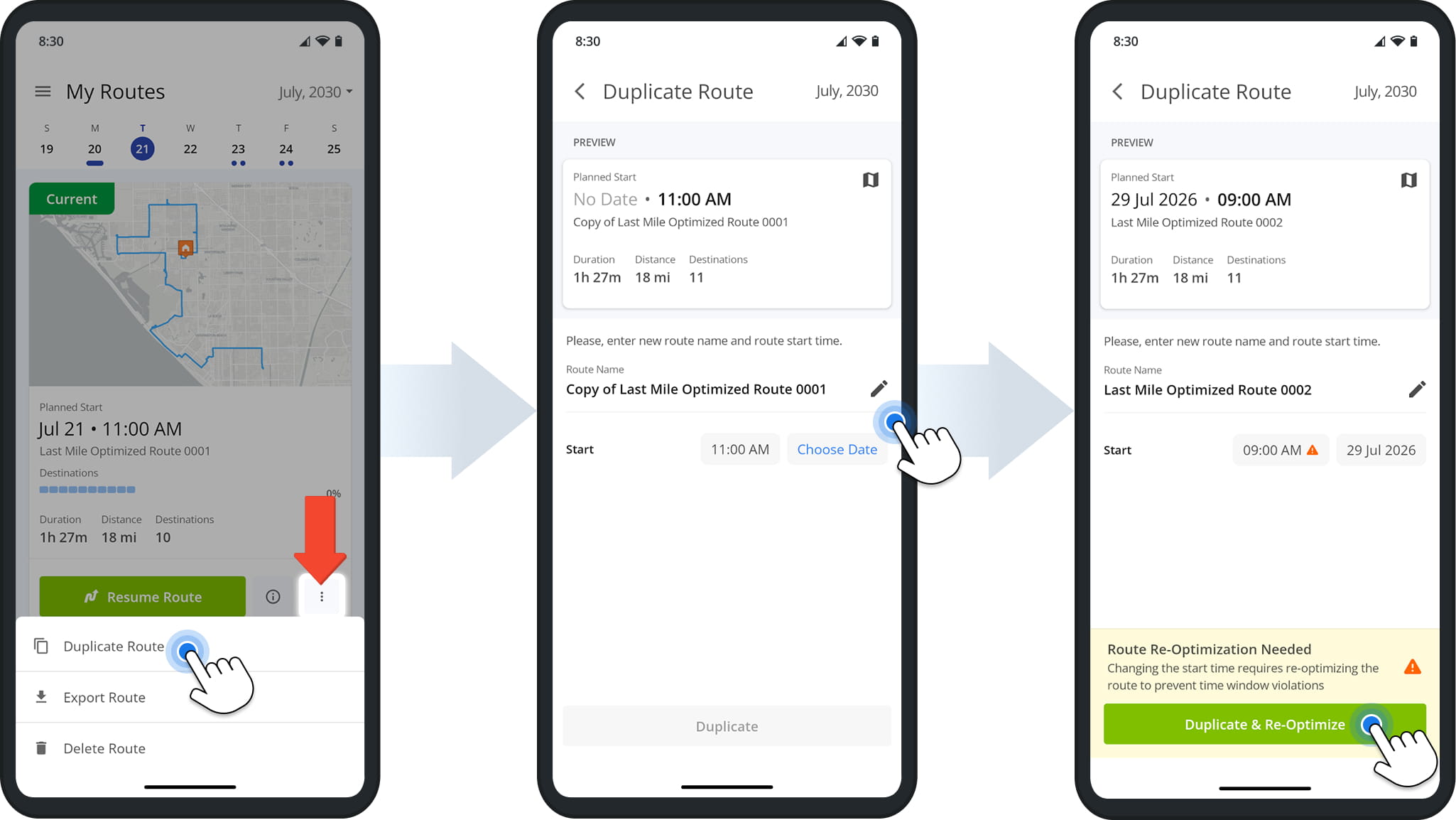 Route4Me automatically re-optimizes the stop sequence whenever the start time changes, to avoid time window violations.