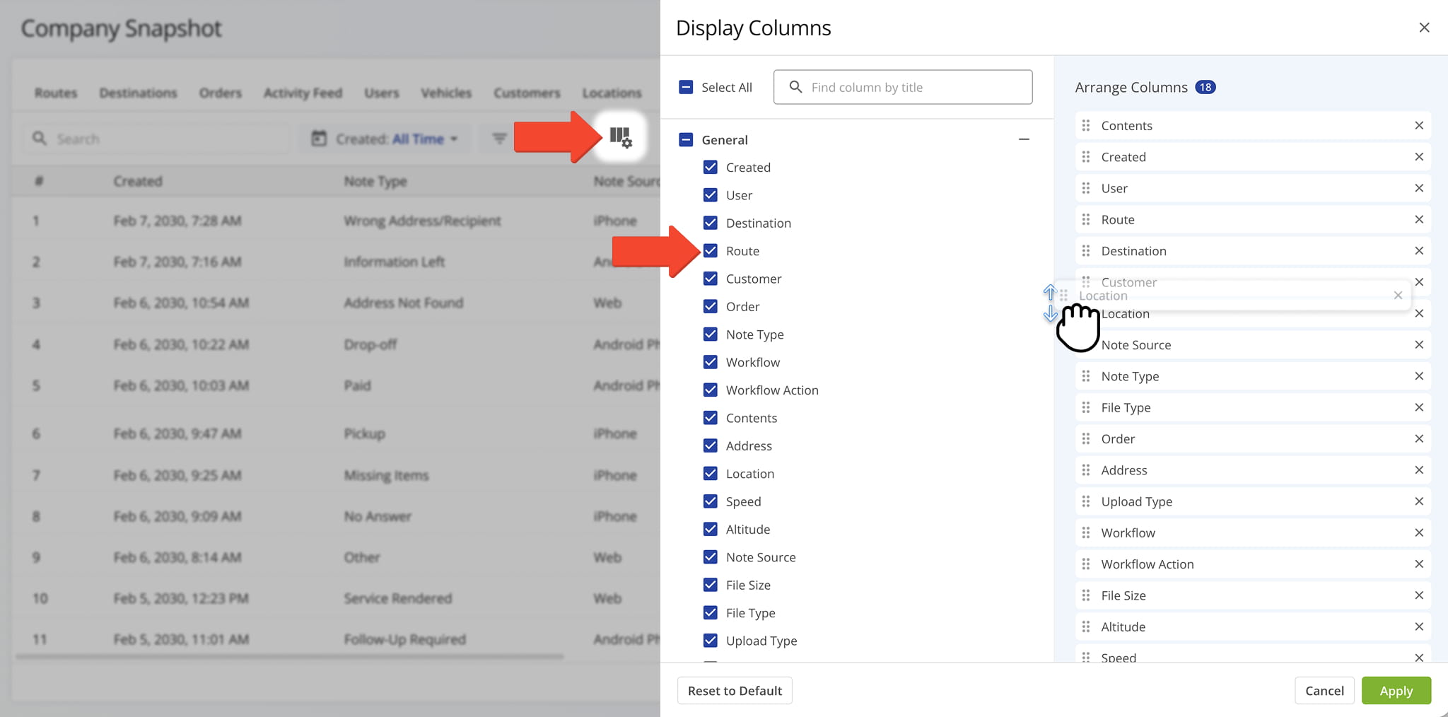 You can customize which data columns appear in the table and in what order.