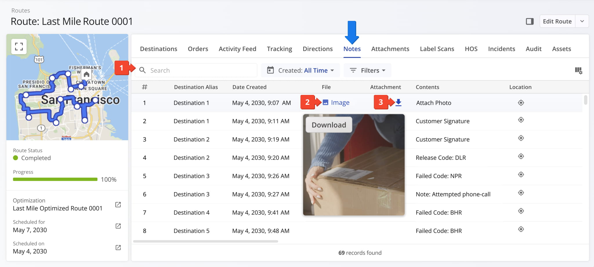 From the Notes tab, you can view all notes attached to a route along with detailed Workflow and Workflow Actions information.