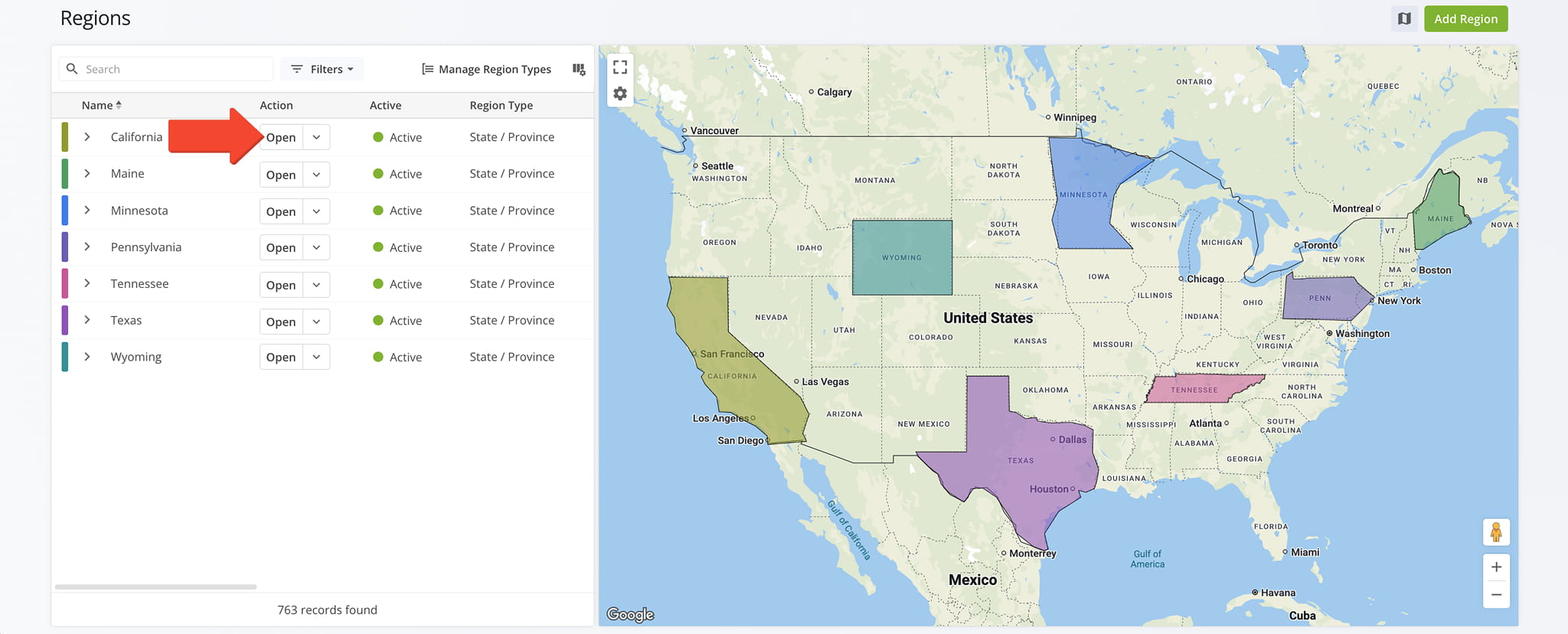 Learn how to navigate to and open the Region Snapshot from the Regions page.