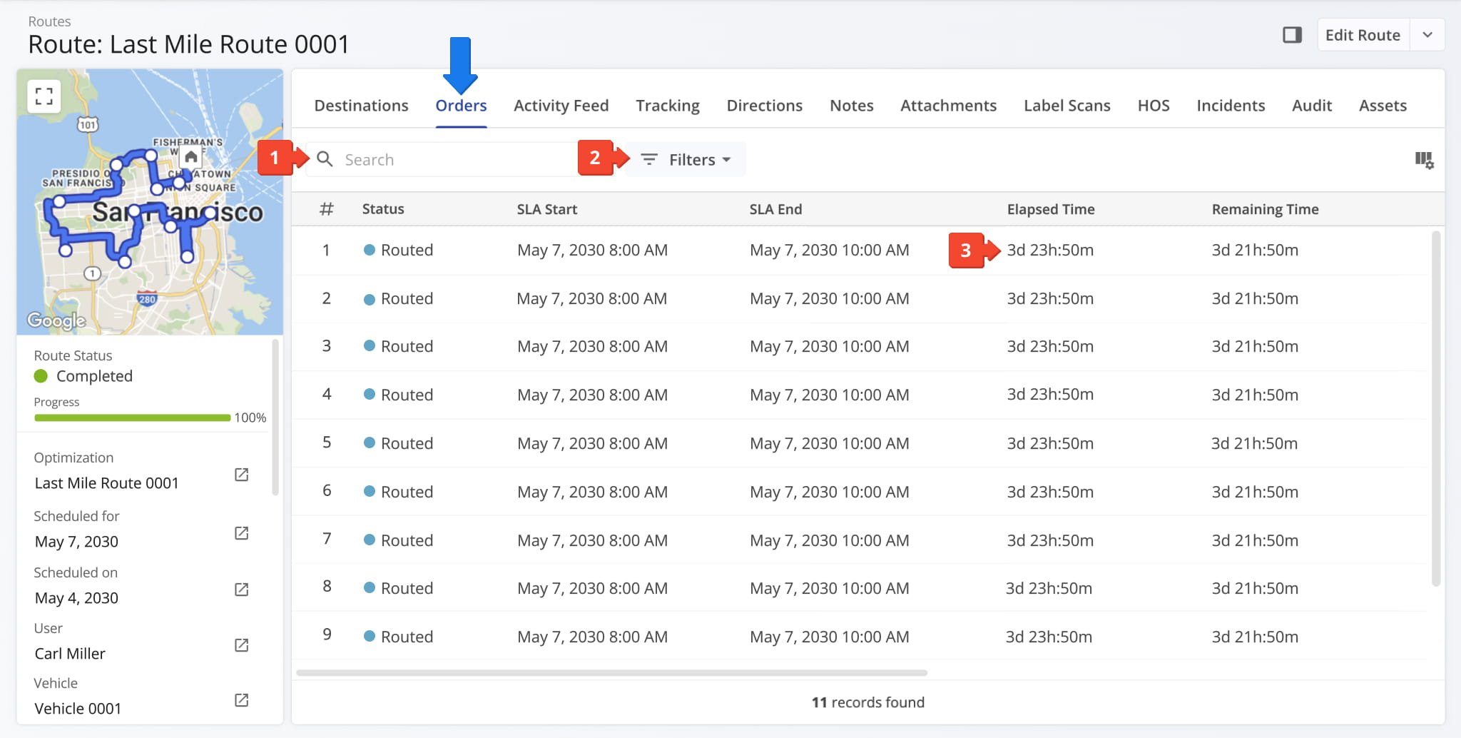 The Orders tab offers an overview of key data associated with each order on your final mile route.