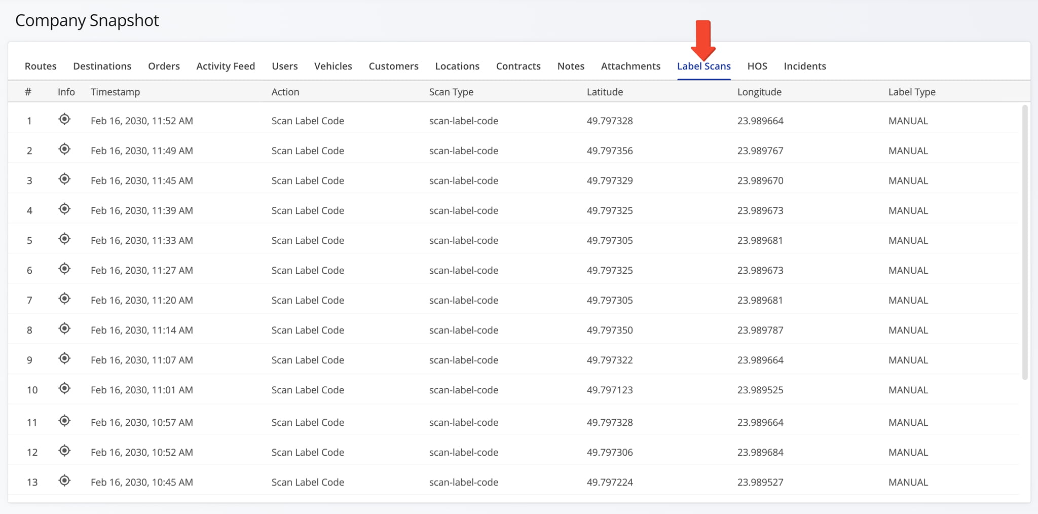 The Label Scans Tab gives you visibility into all label scan activity associated with your company.