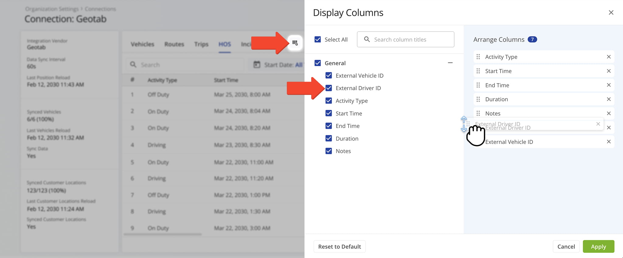 Select which Hours of Service data fields you want to see in the data table and the order in which they are shown.