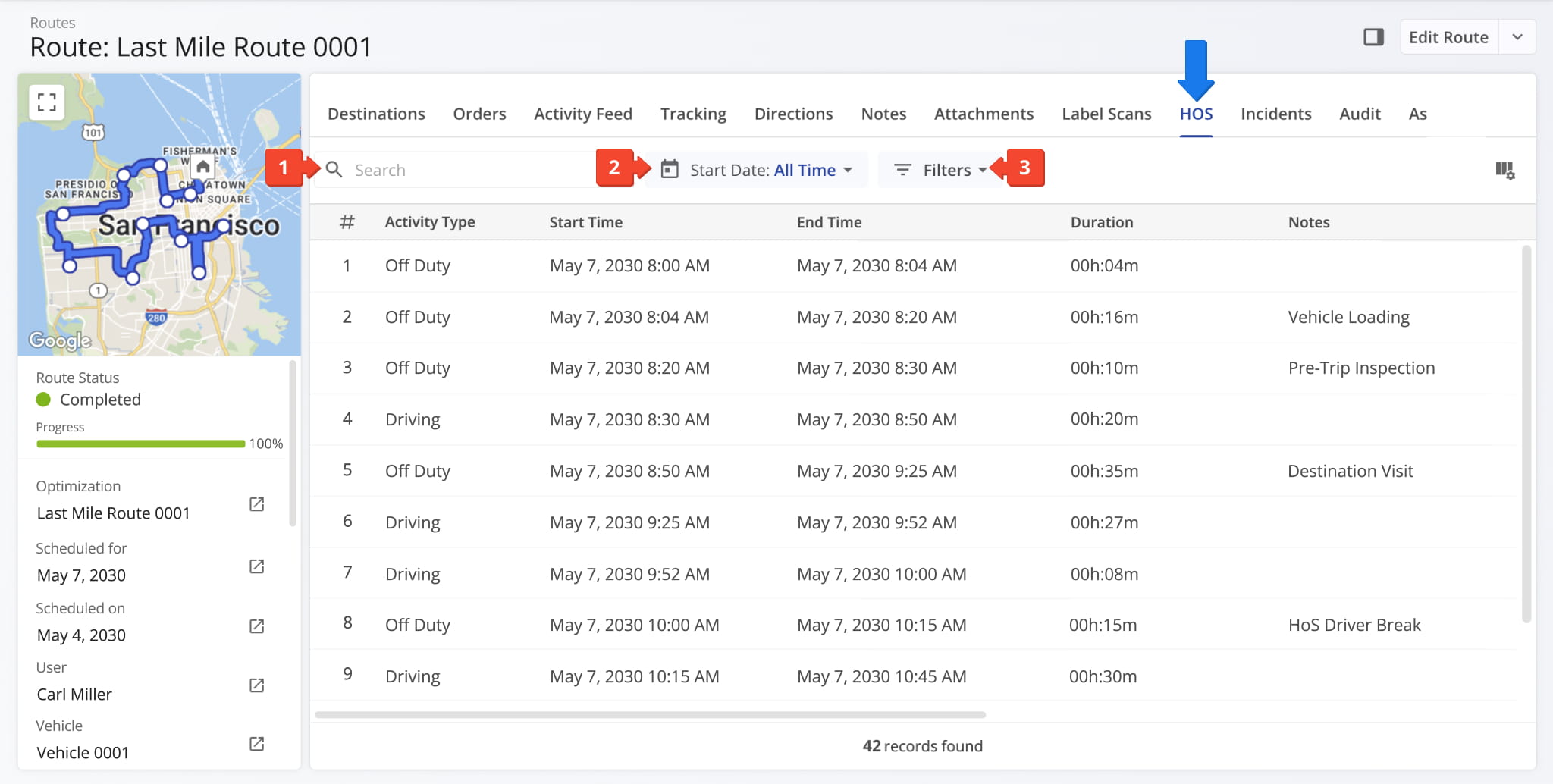 From the Hours of Service (HOS) tab of your Route Snapshot, review all service data associated with a specific last mile route.