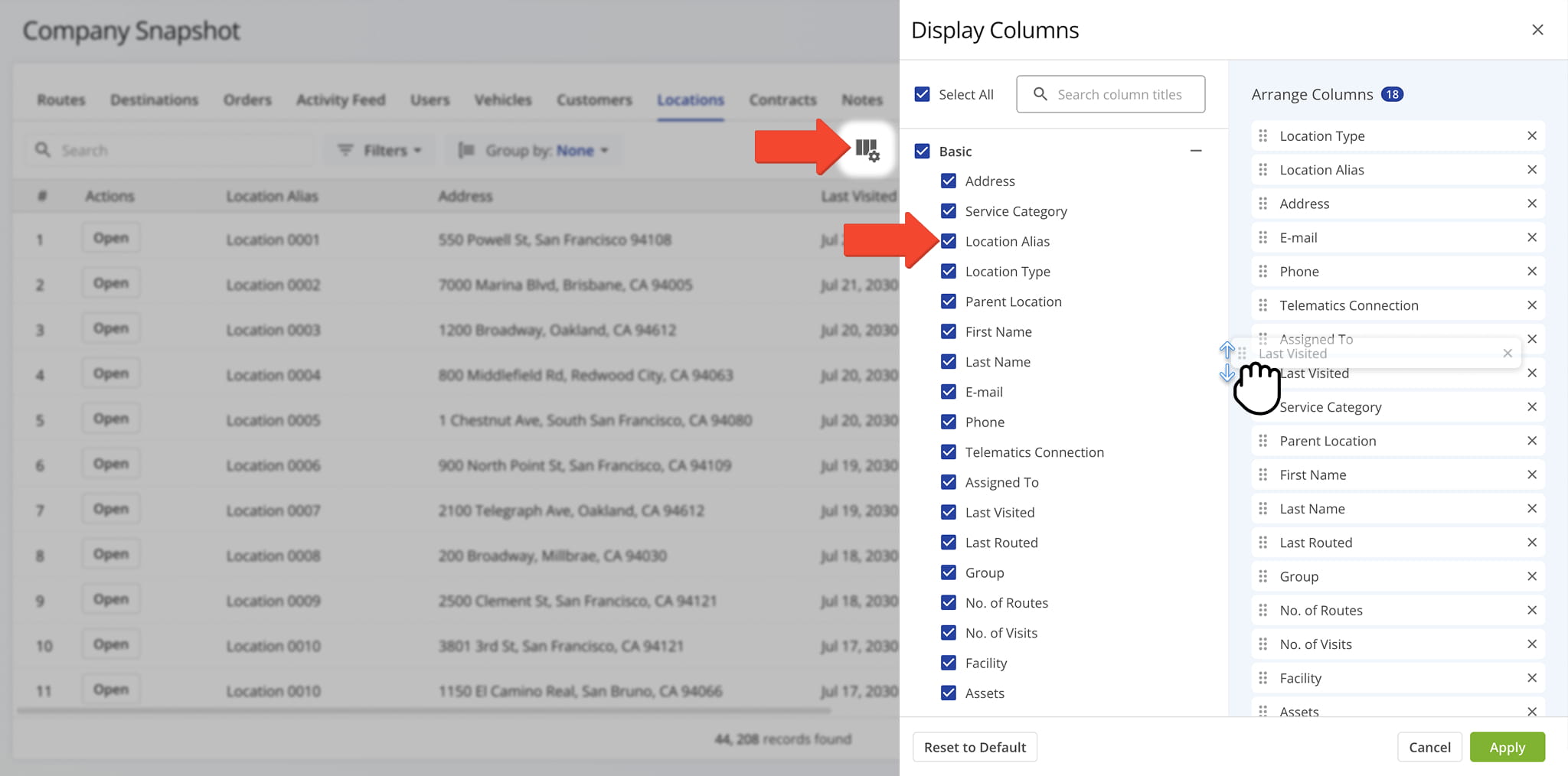 You can customize which data columns appear in the table and in what order.