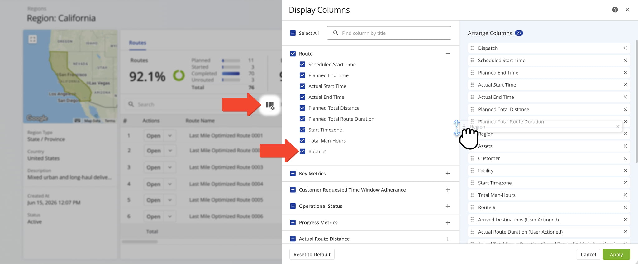 Customize the Routes Tab data table by selecting and reordering the columns displayed.