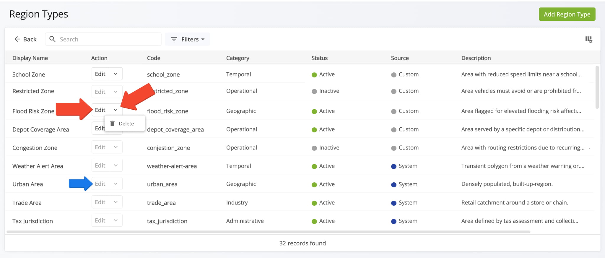 The Region Types page displays all available Region Types, with editing and deletion options available only for active custom types.