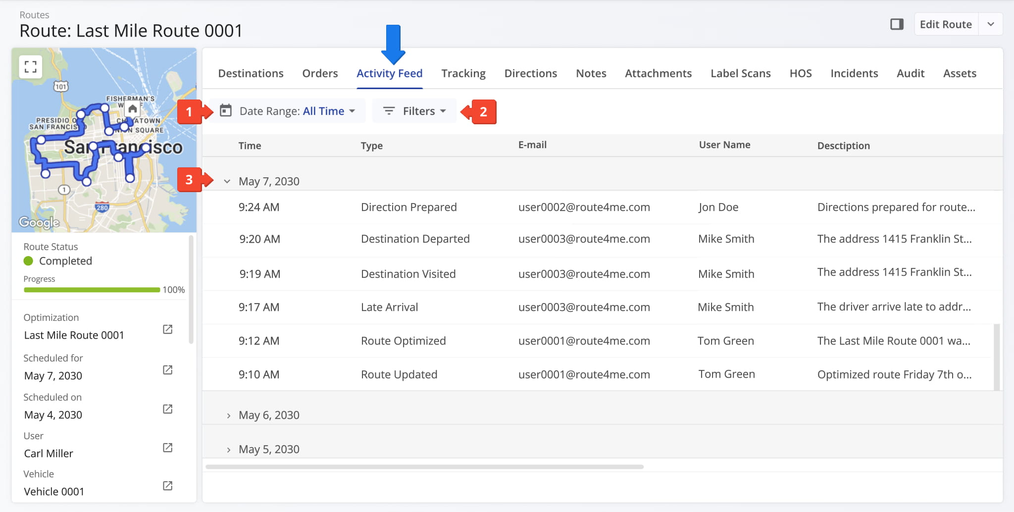 Use Filters or Data Range options to quickly locate data related to specific route activities.