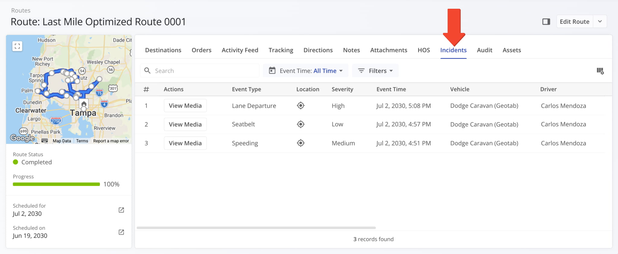 The Incidents tab is also available in Route Snapshots, showing Safety Incidents associated with that route.