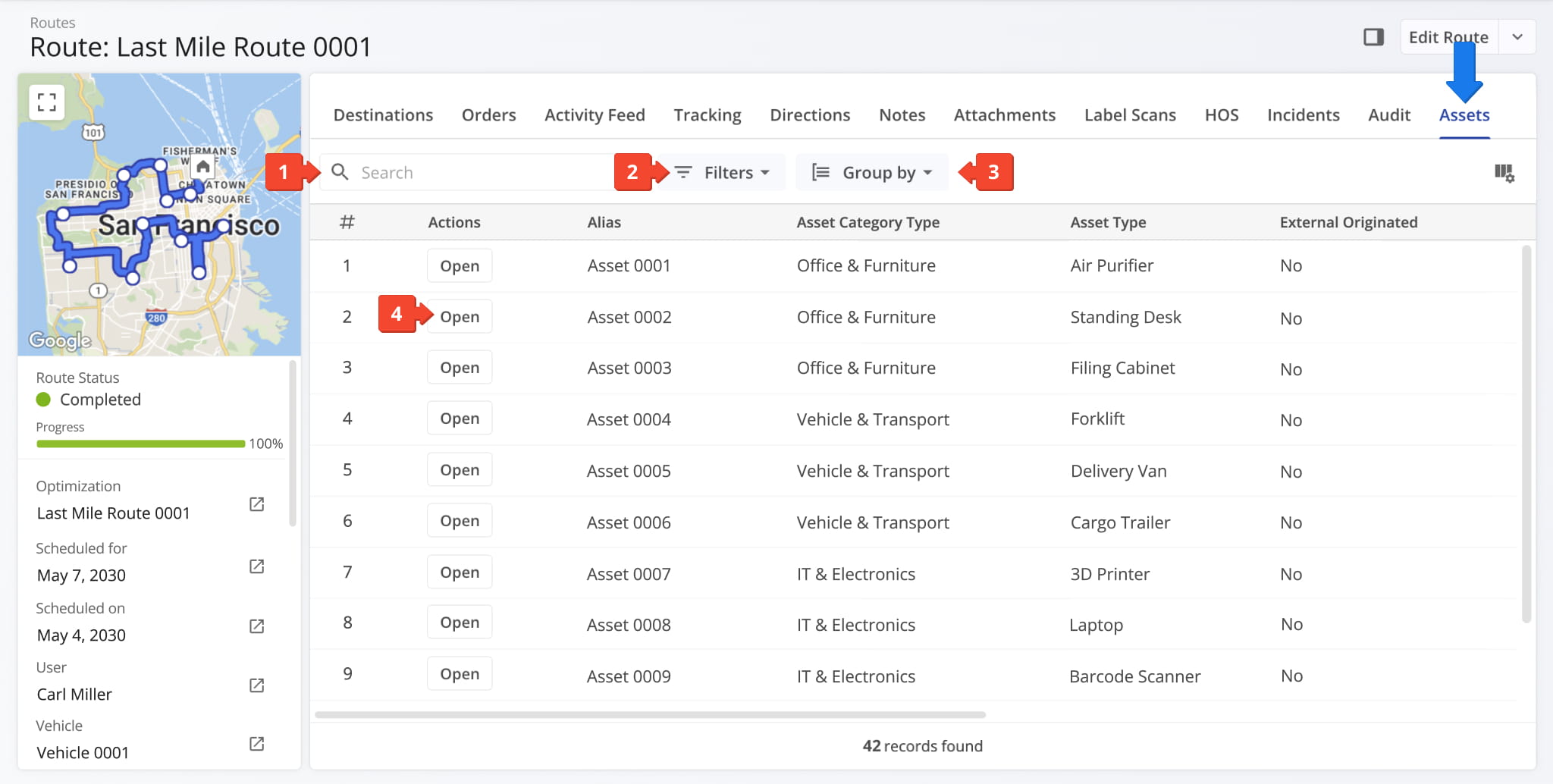 The Assets tab provides a searchable, filterable overview of all assets associated with the selected route.