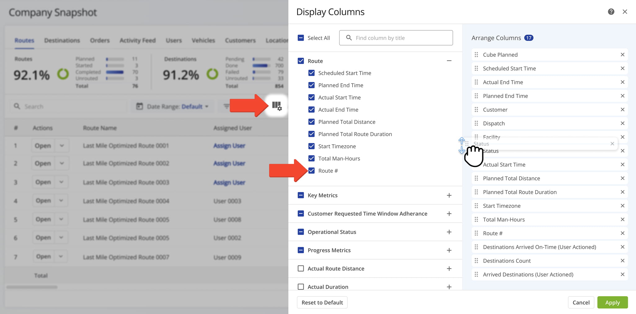 You can customize which data columns appear in the table and in what order.