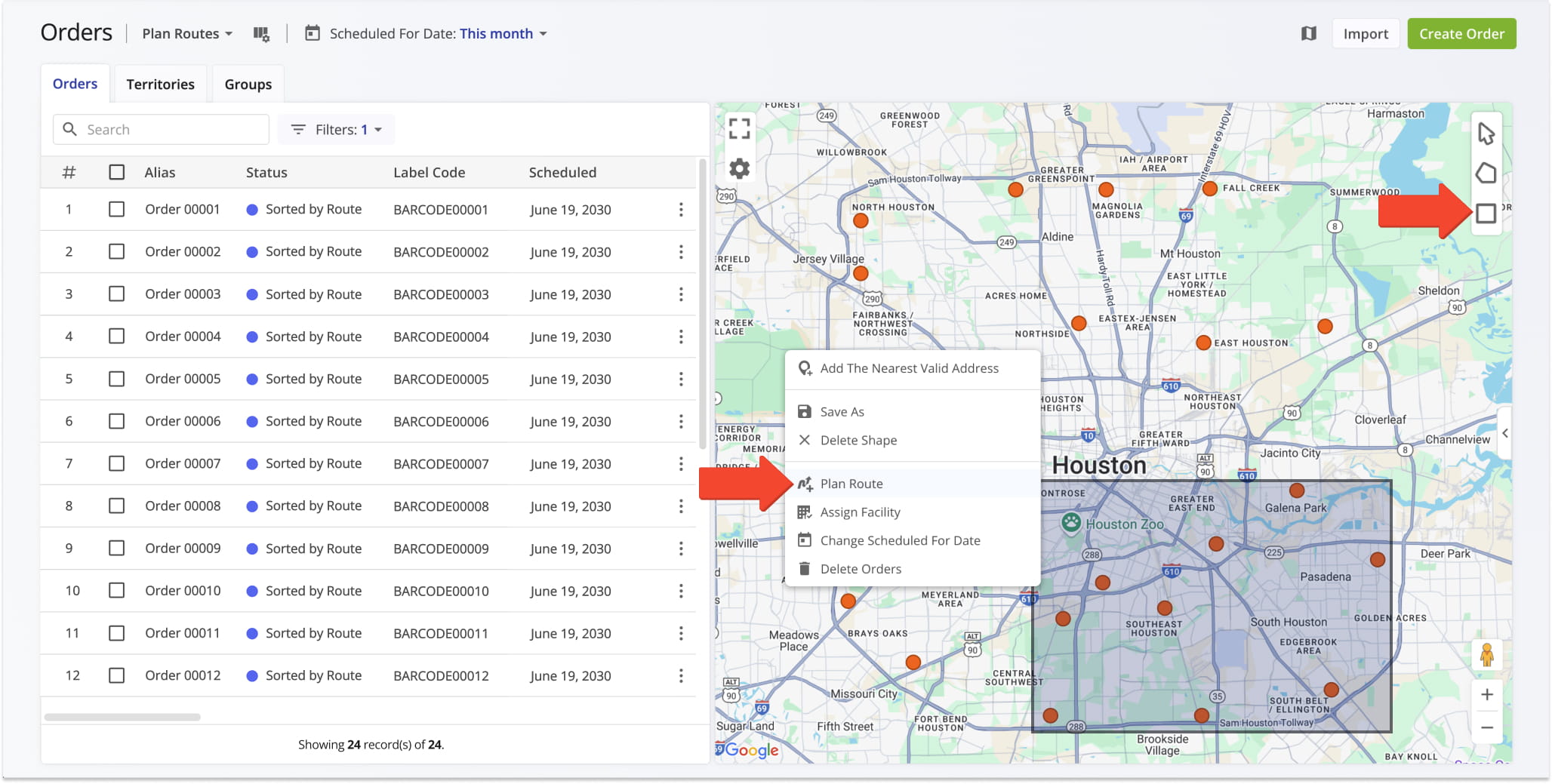 Plan routes directly from orders that appear on the Orders Map.