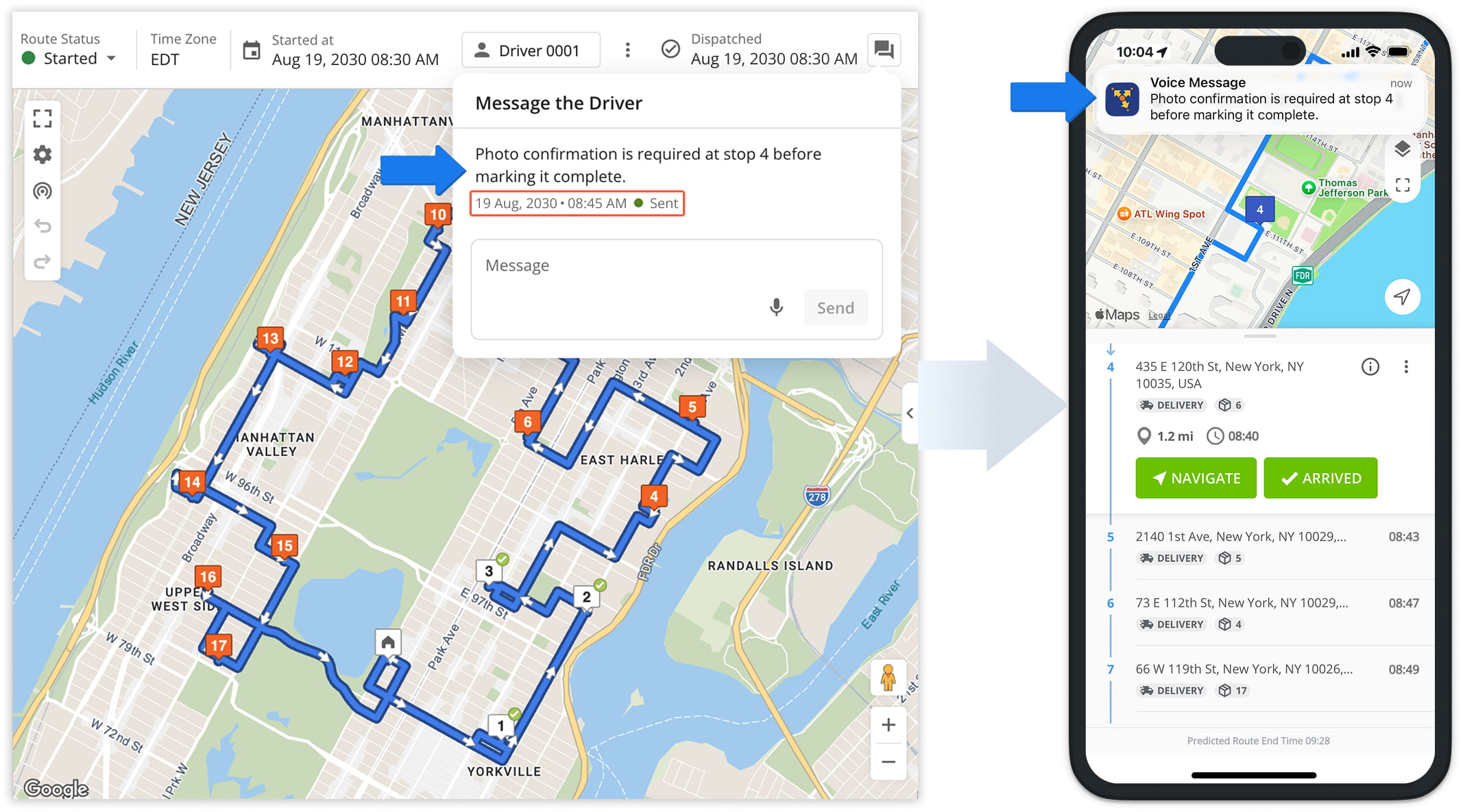 Messages are logged with a timestamp and delivered instantly to the Driver Mobile App as both a text notification and an automated voice readout.