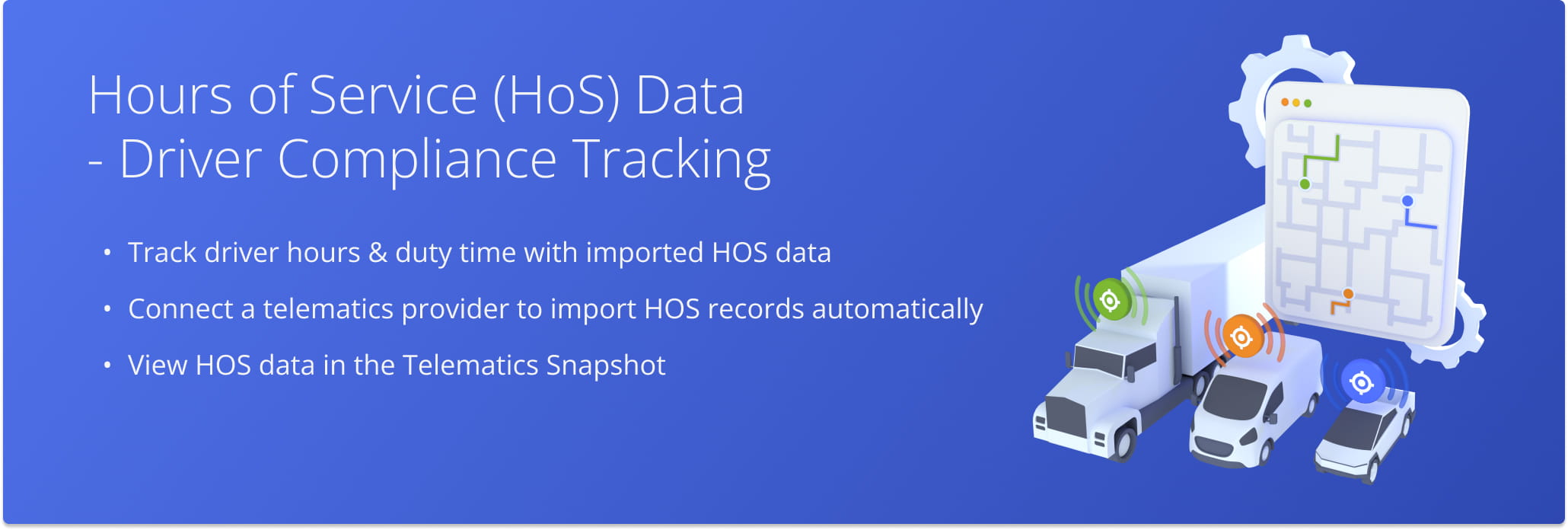 Route4Me imports and displays HOS data from your telematics provider for enterprise fleets to view.