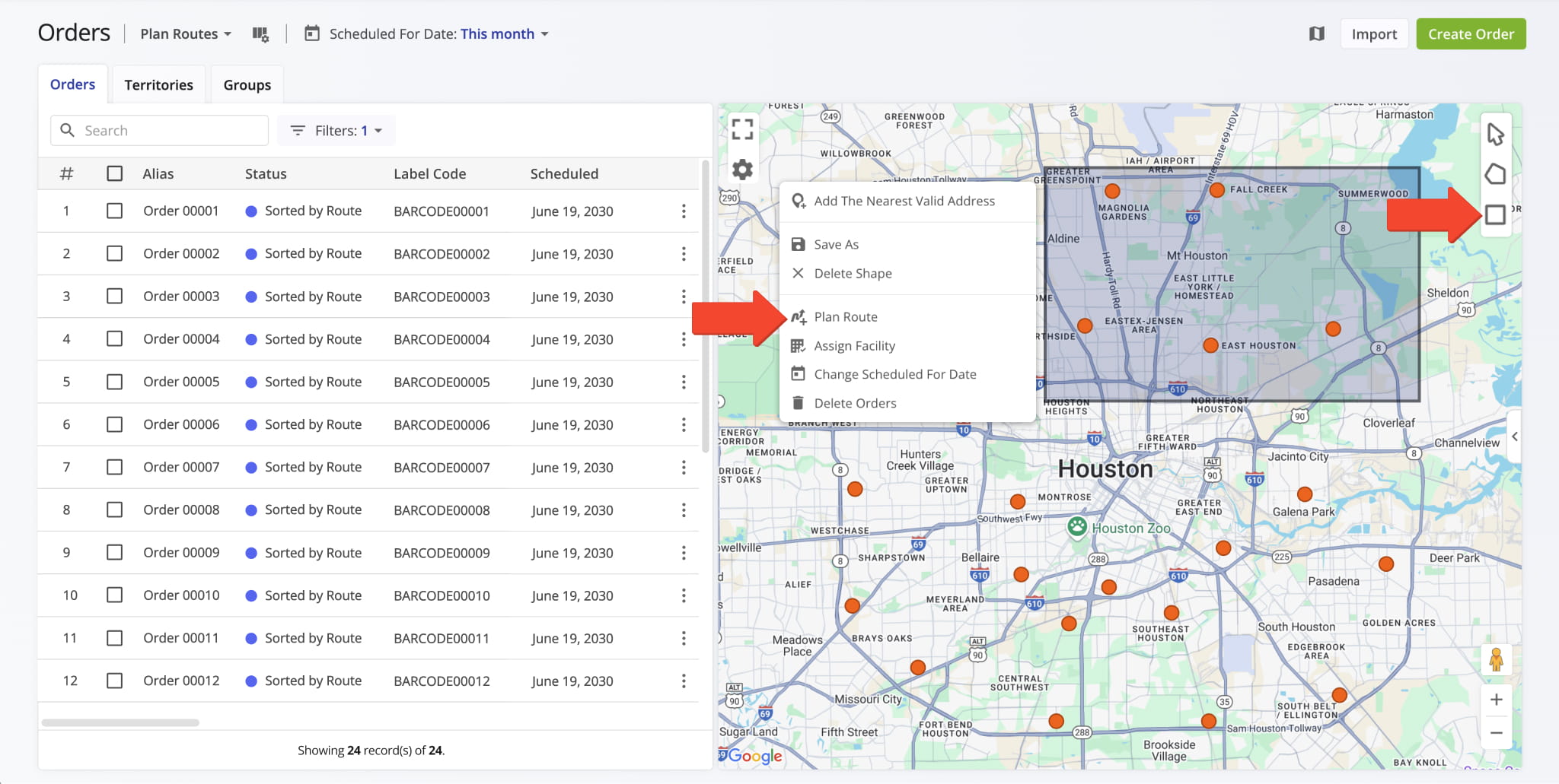 Bulk manage multiple orders on the Orders Map by drawing a shape and right-clicking it.