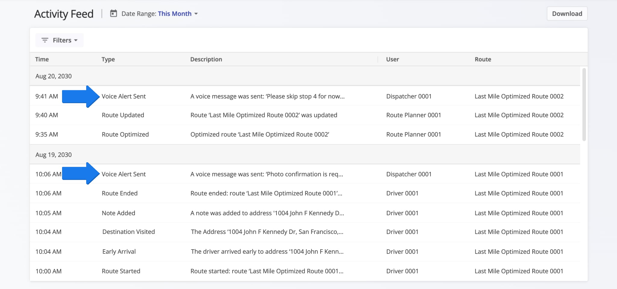 Voice Alerts sent across any route or user are also viewable together in the account-wide Activity Feed.