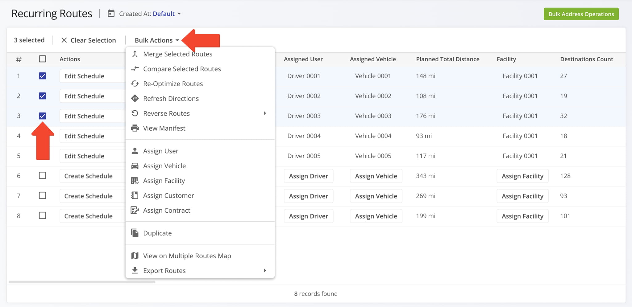 Apply the same action to multiple Recurring Routes simultaneously.
