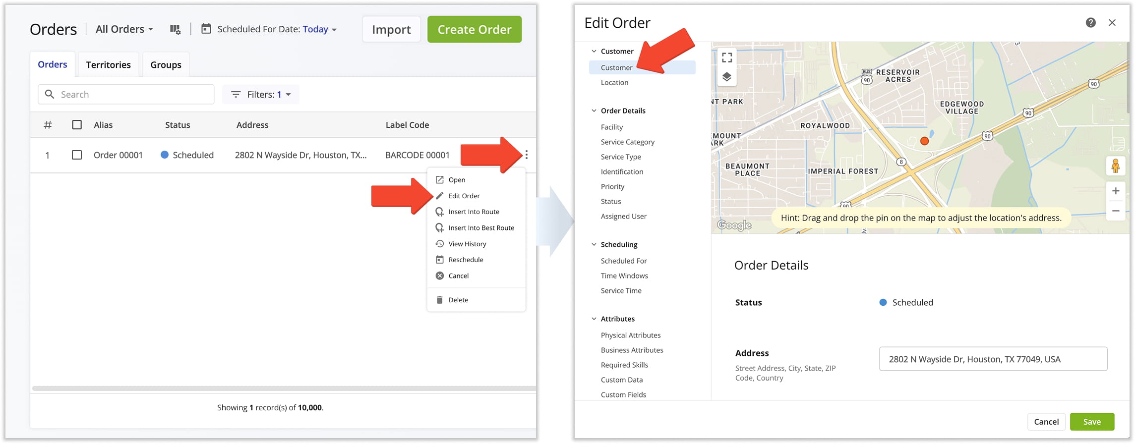 Edit order details of existing orders by selecting