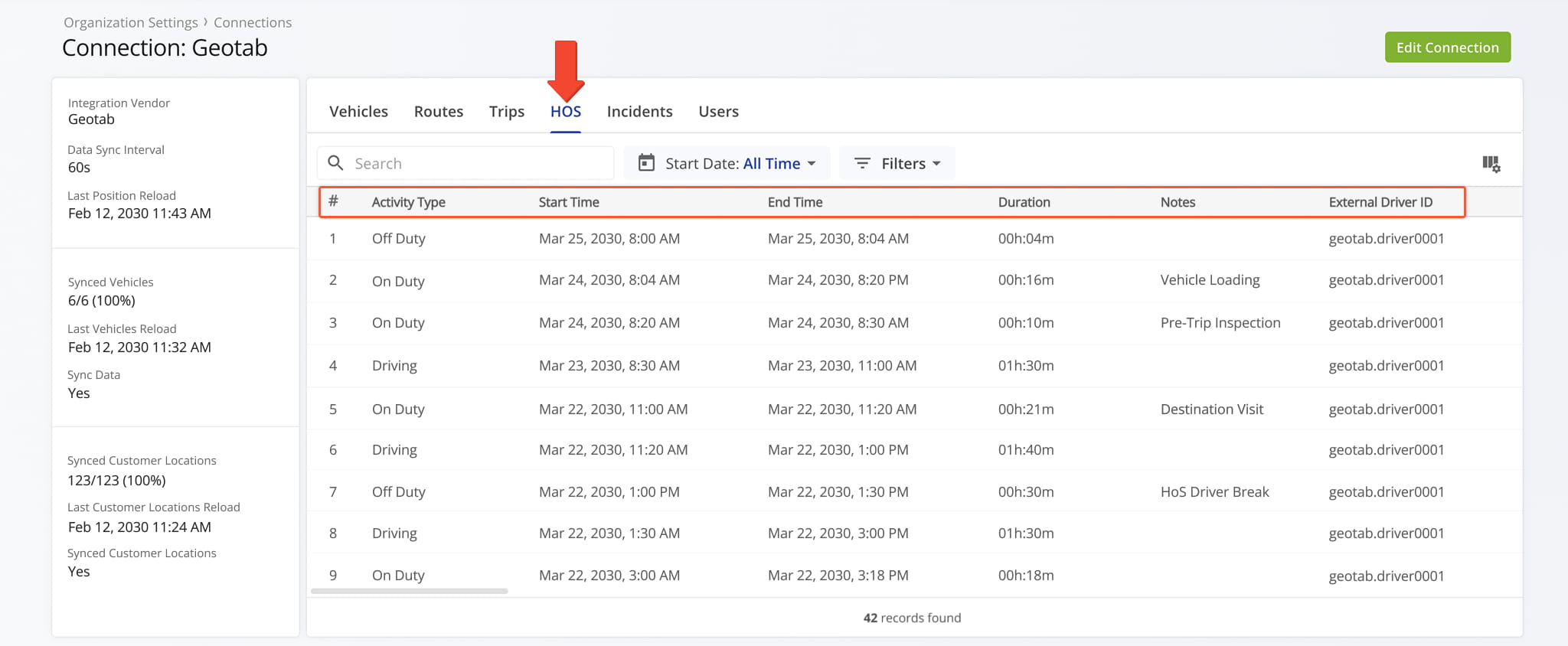 Route4Me shows hours of service data for reference but does not use It to enforce compliance.
