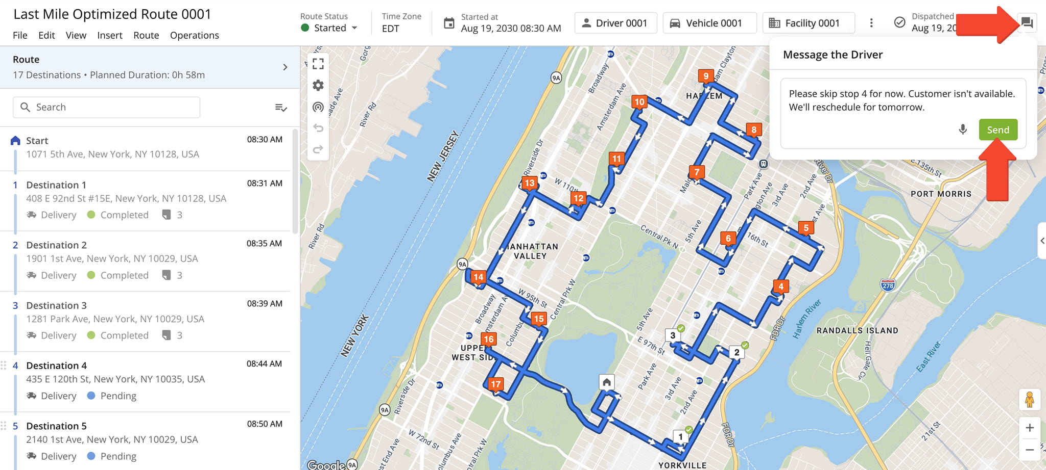 The Route Editor lets Dispatchers and administrators send real-time voice and text messages to Drivers and Field Team members at any point during a route.