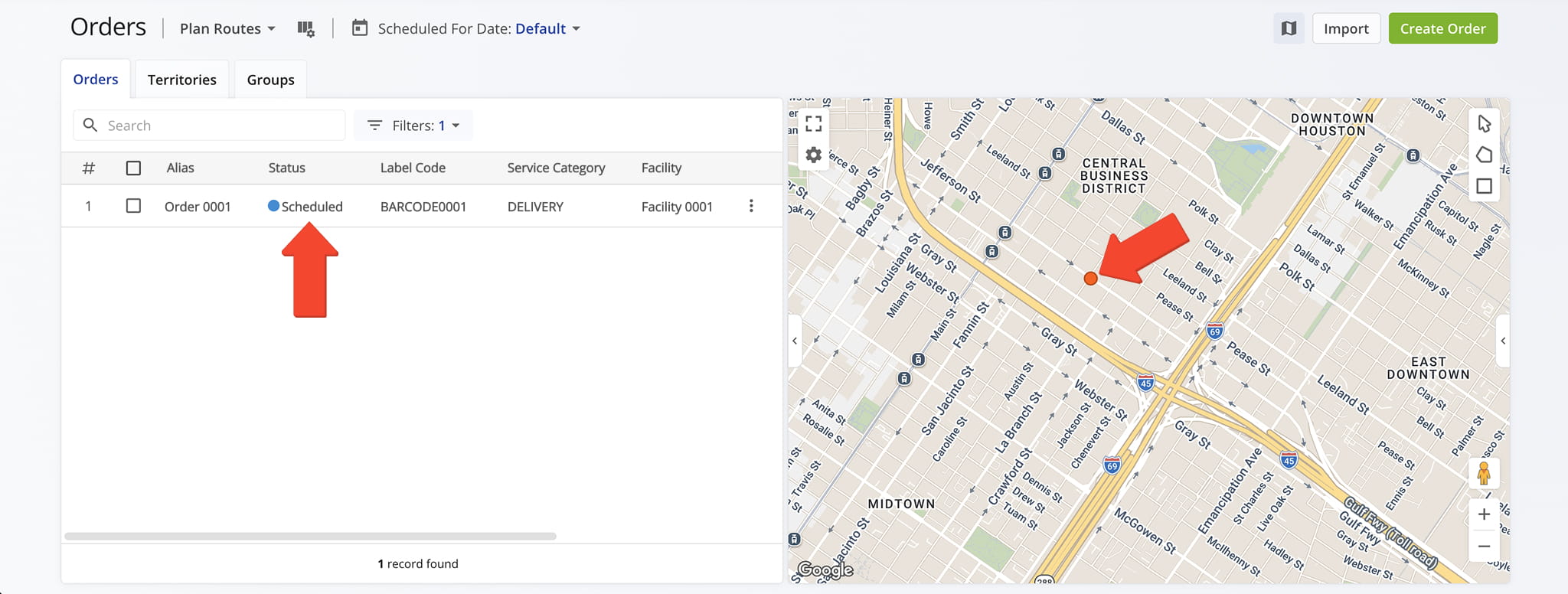 Orders added from the map are automatically scheduled for the current date and added to the Orders List with the Scheduled status.