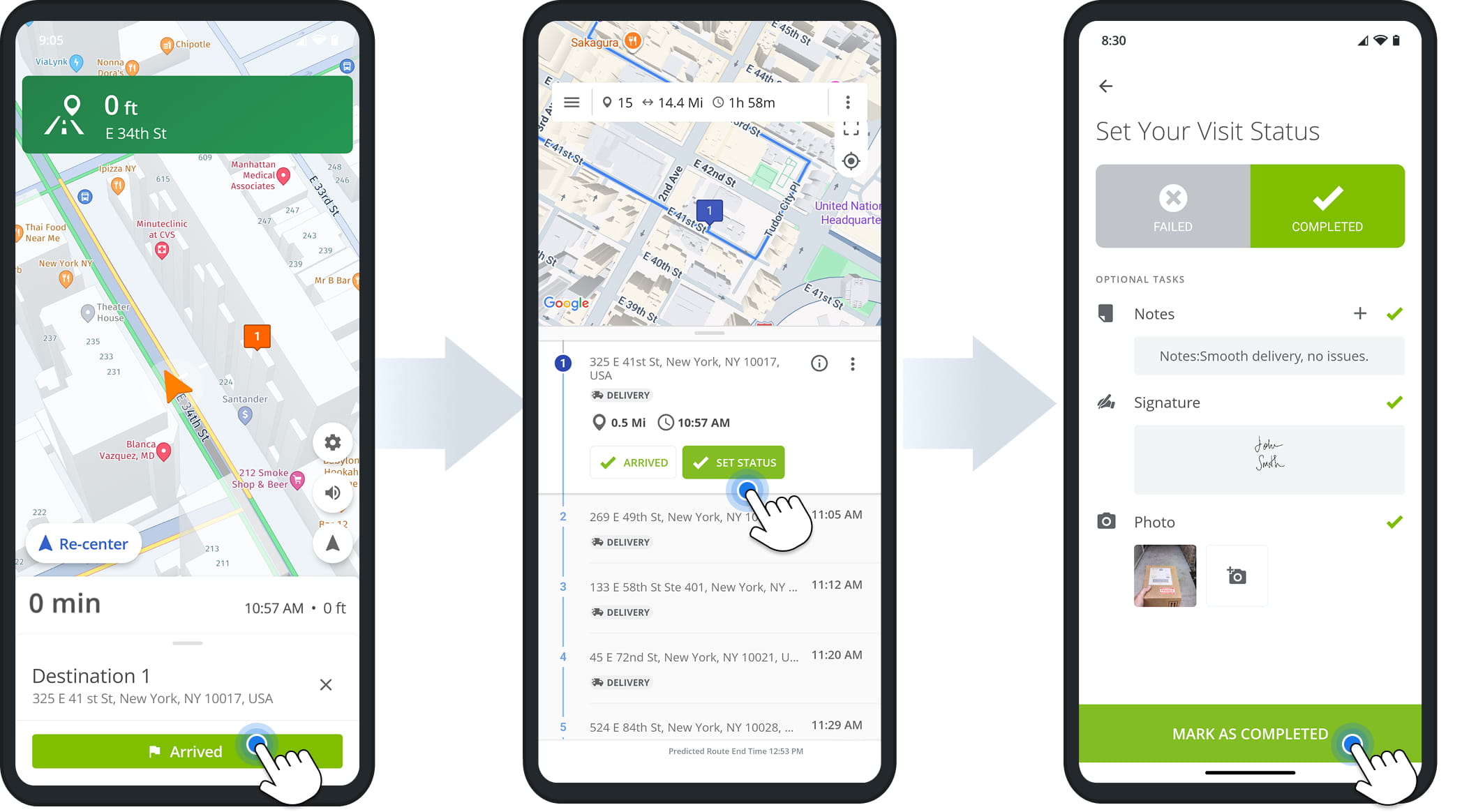 Marking a Destination as Arrived closes navigation and opens the Destination on the app. Confirmed arrival enables the Set Status button.