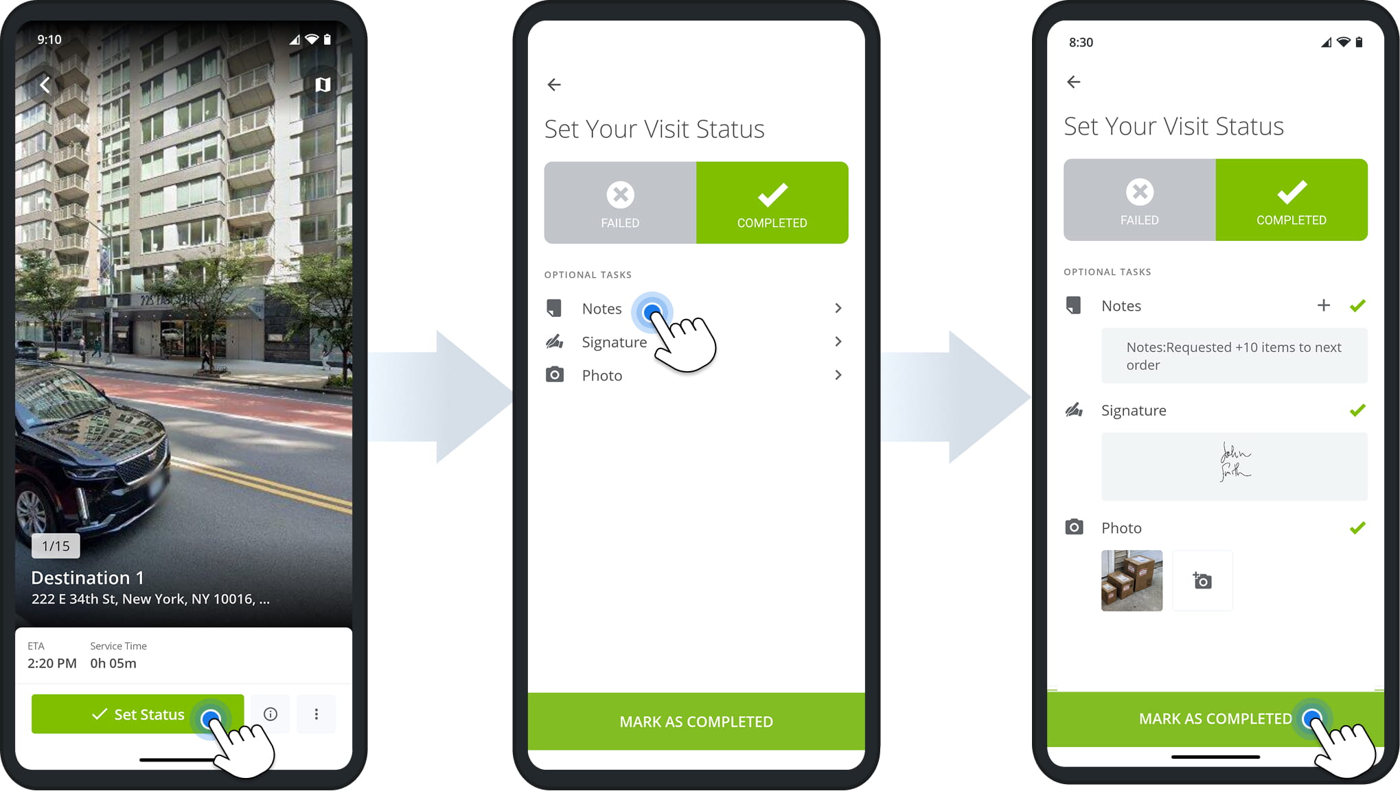Marking a Destination as Arrived closes navigation and opens the Destination on the app.
