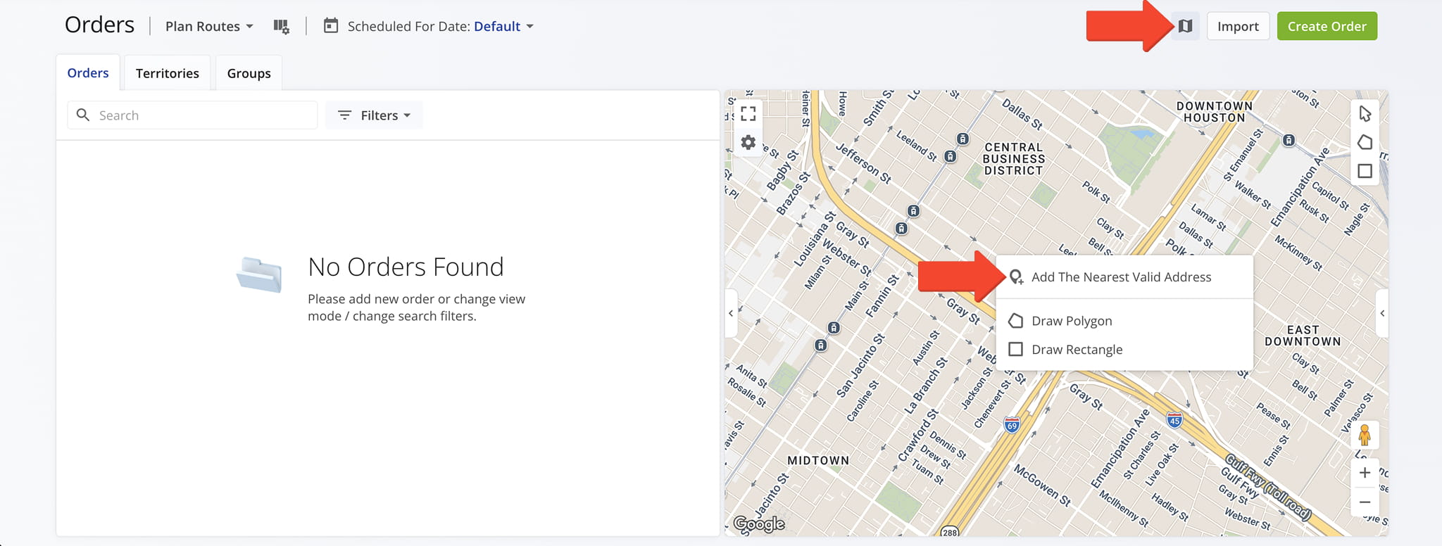 Right click the orders map and select Add The Nearest Valid Address to plan an order destination.