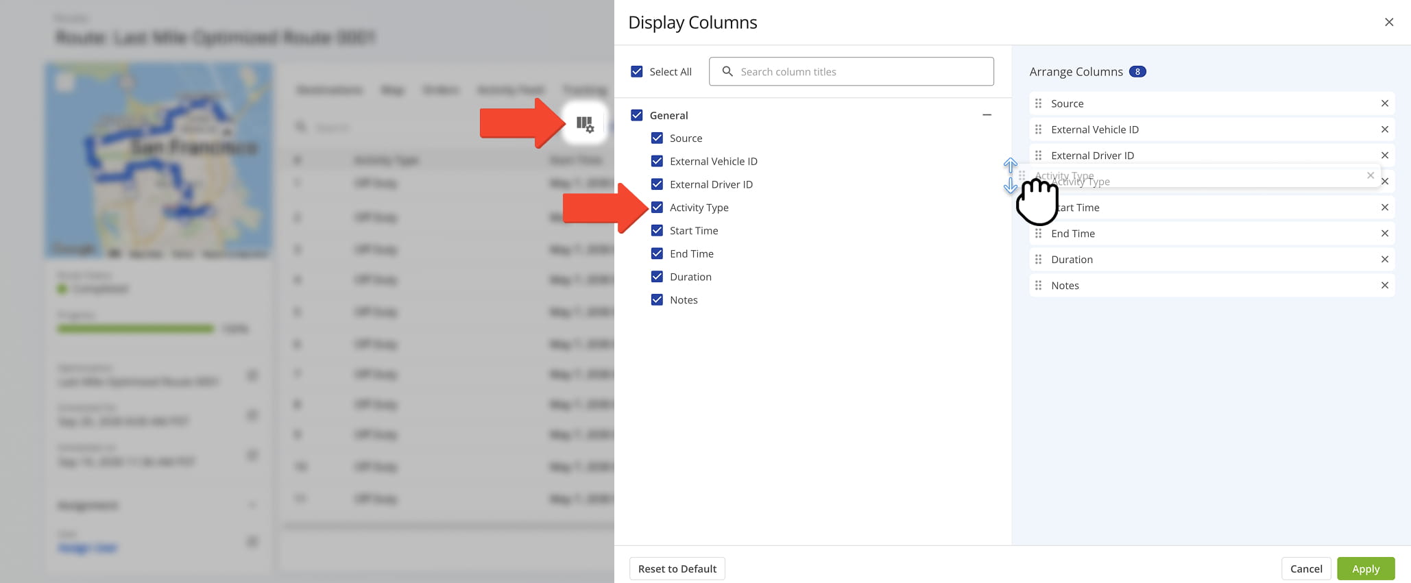 Customize the HOS data table by selecting data you wish to see and the order in which it appears.