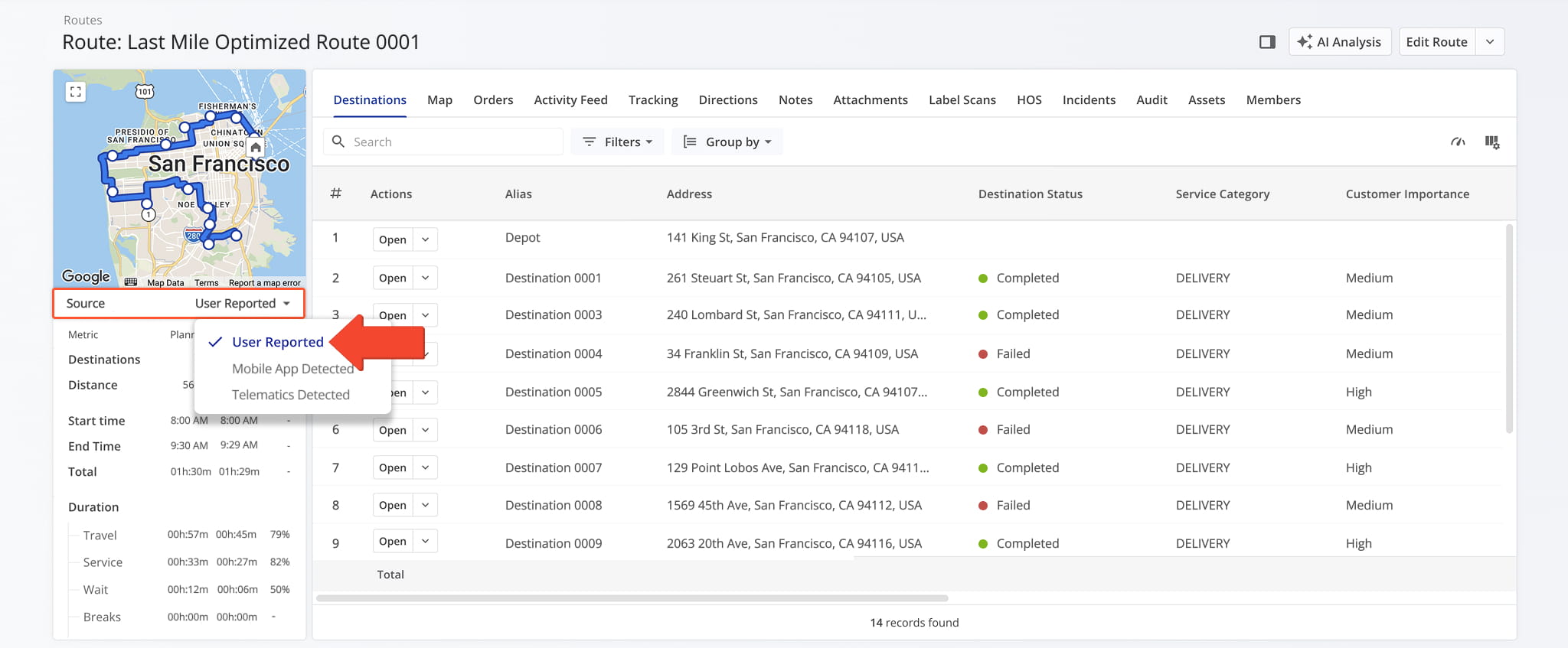 Scroll down in the Route Summary panel to see route duration and distance metrics.