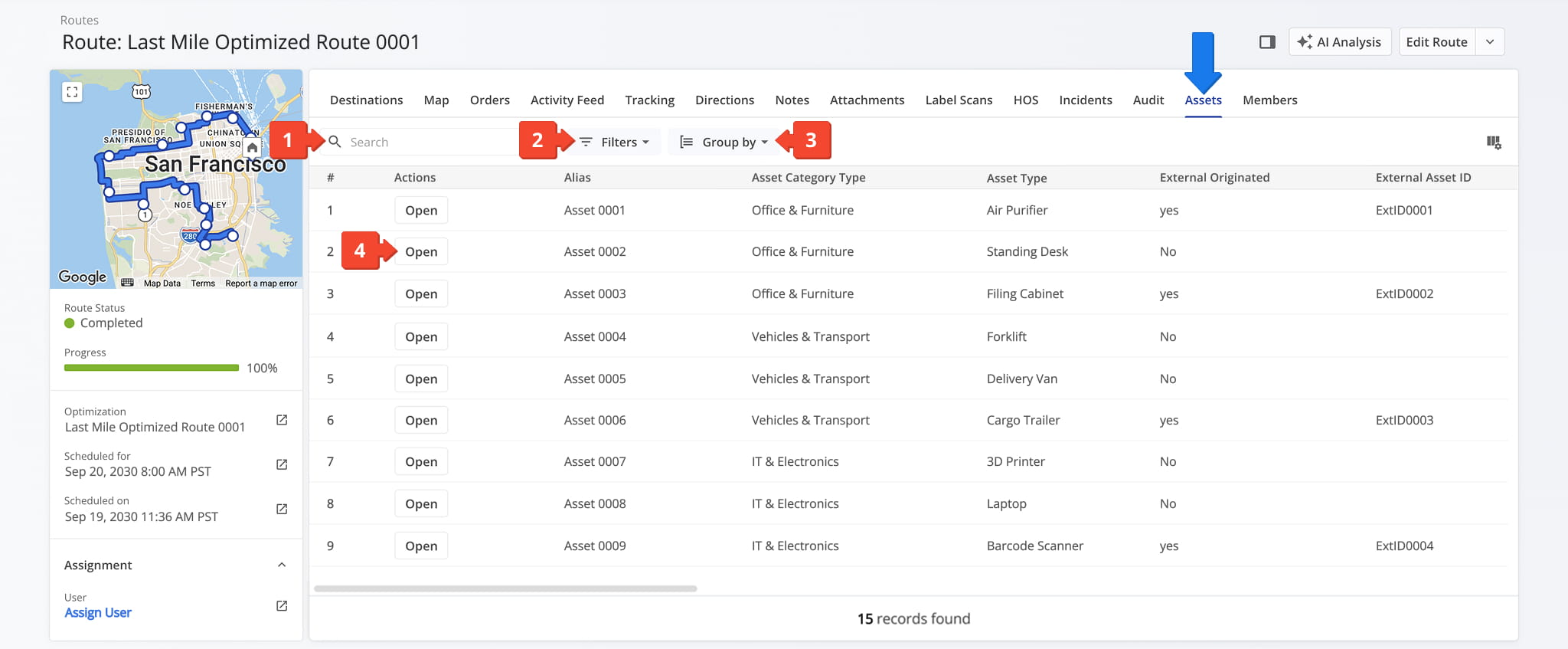 The Assets tab provides a searchable, filterable overview of all assets associated with the selected route.