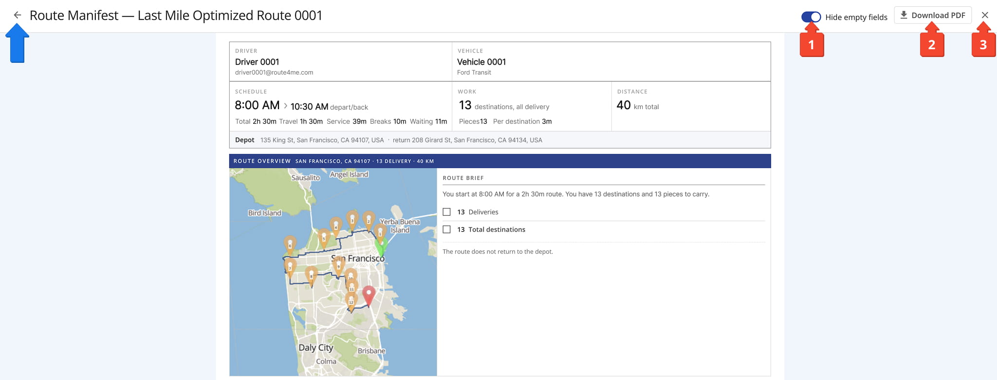 The top of the Route Manifest gives you a route summary along with a few display and export options.