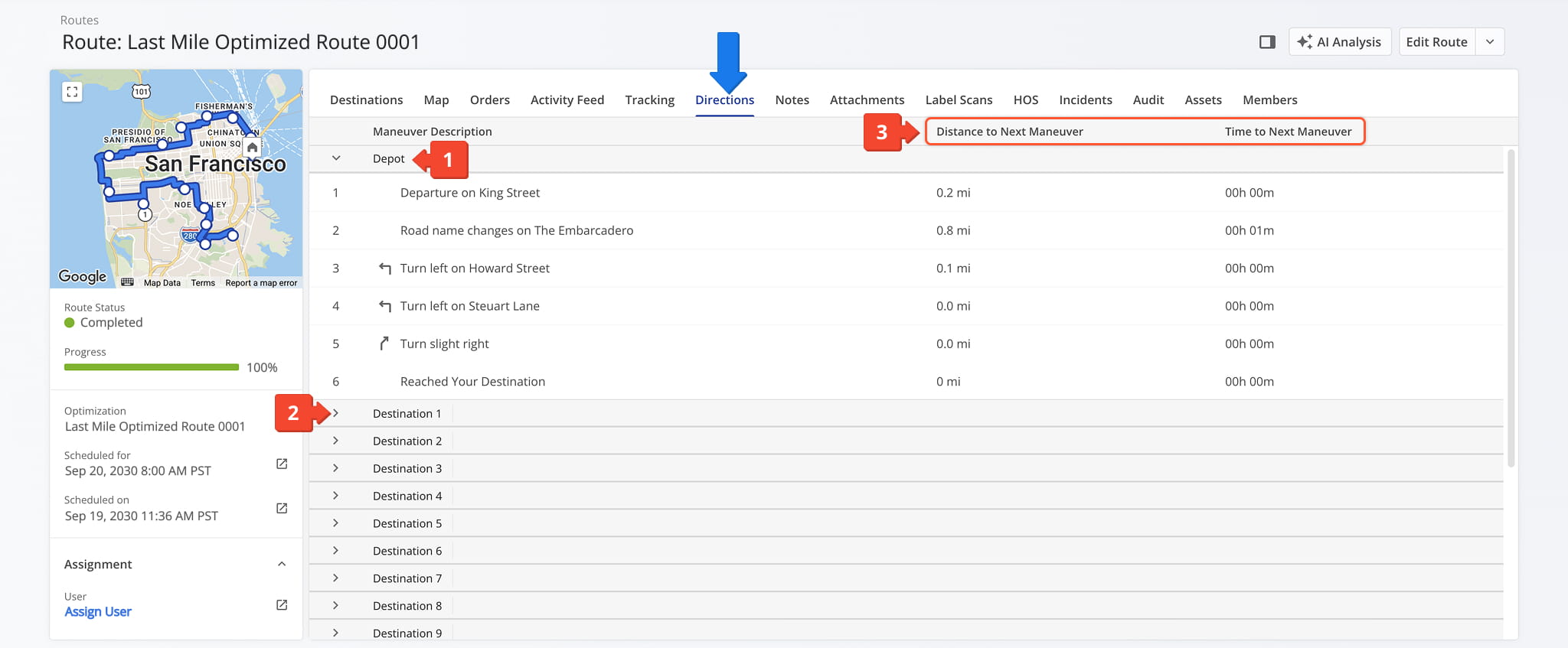 From the Directions Tab, get detailed turn-by-turn directions for every destination on the route.