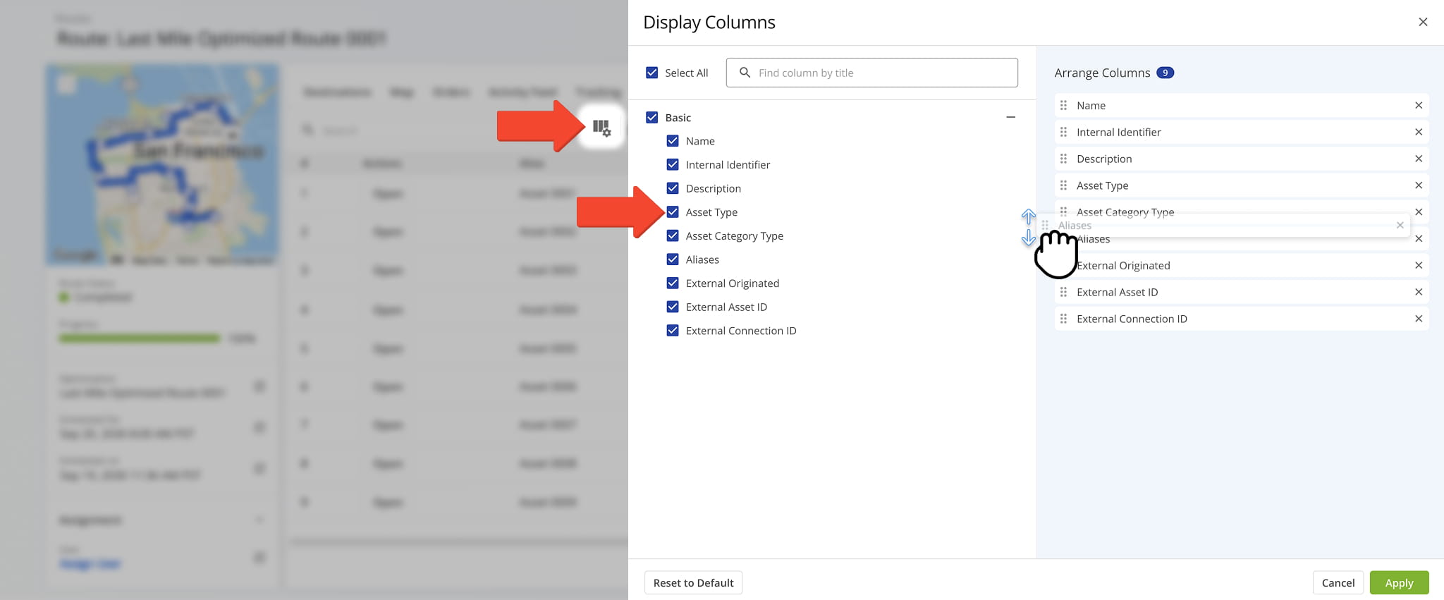 Customize the table by choosing which data columns to display and how they