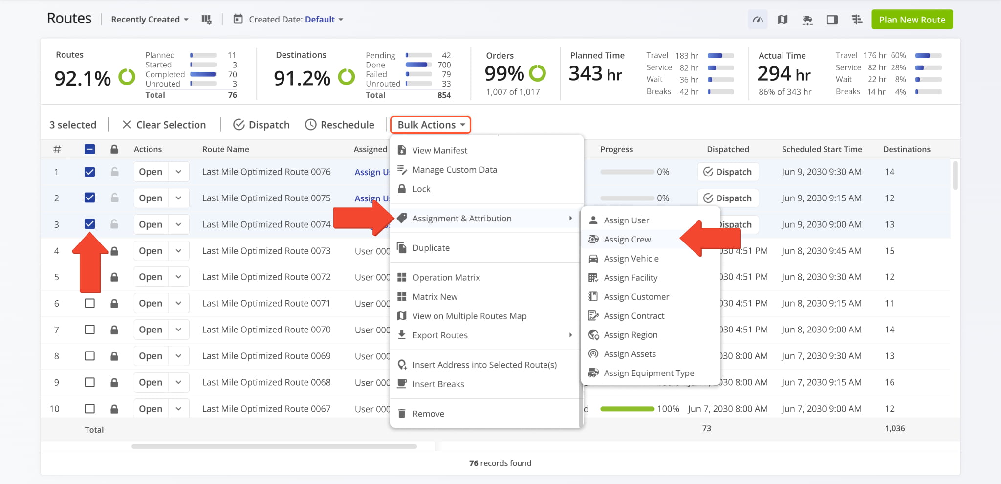 Assign Crews to multiple planned and optimized routes with Bulk Actions.
