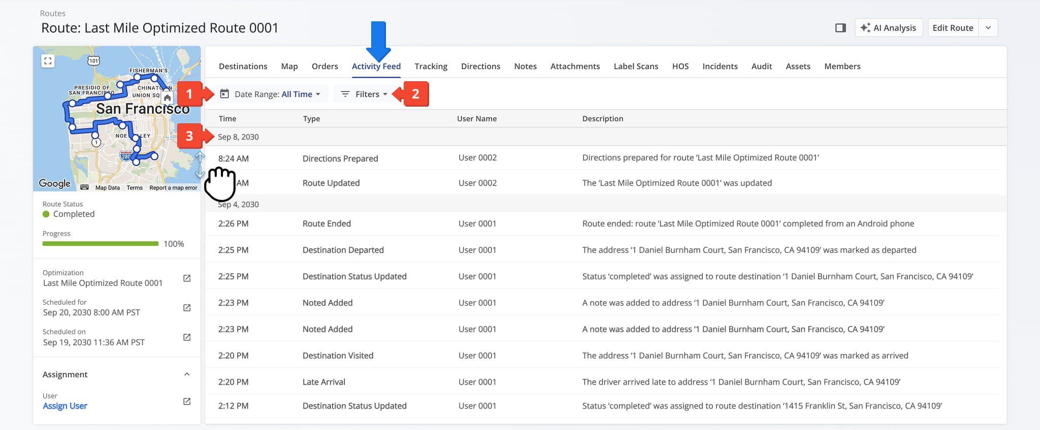 Use Filters or Data Range options to quickly locate data related to specific route activities.