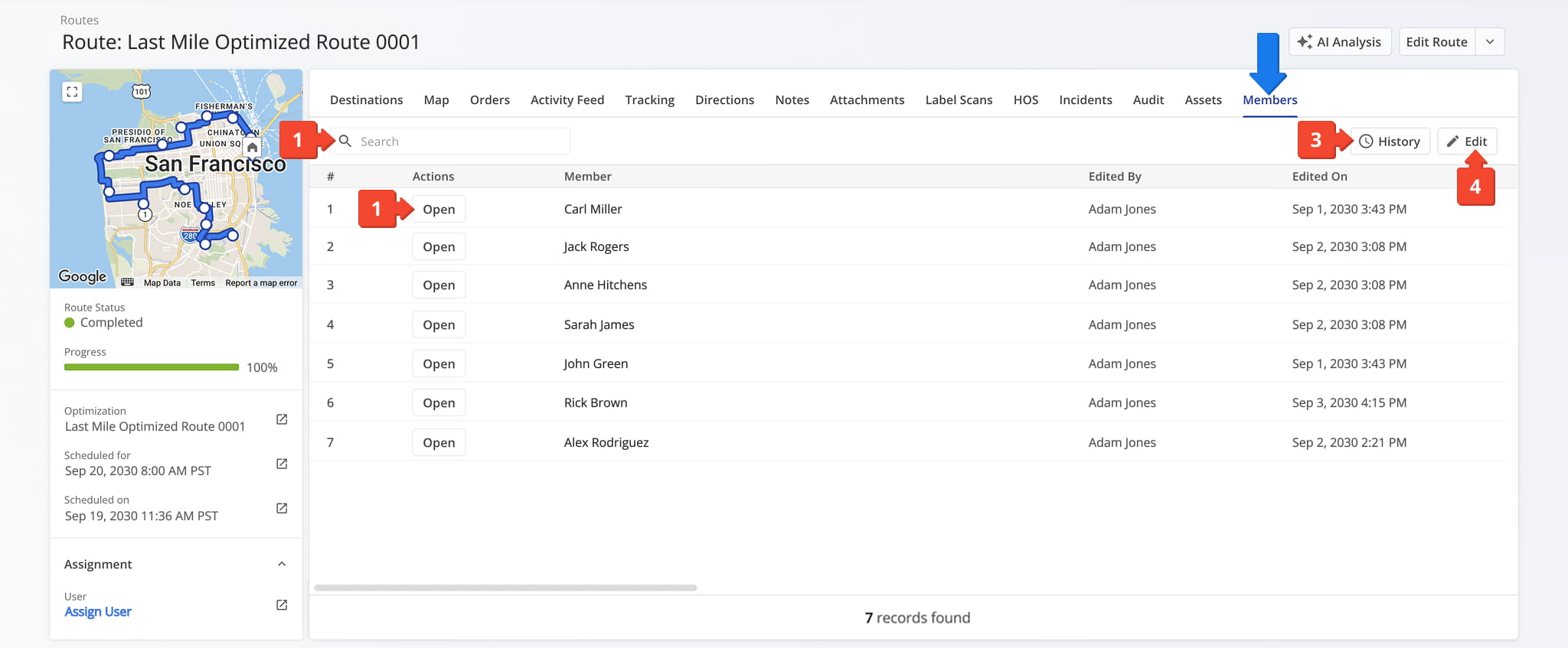 Open the Members tab to view a list of all team members associated with a route.