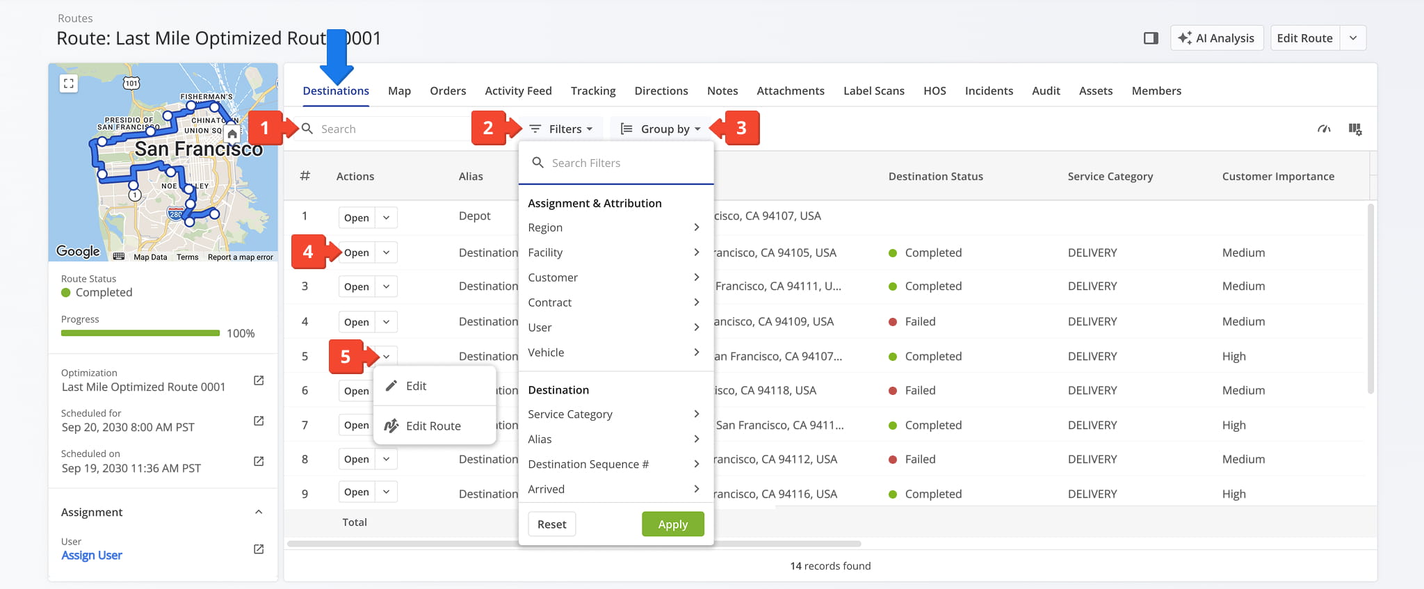 The Destinations data table provides an at-a-glance overview of essential details related to every destination on a route.