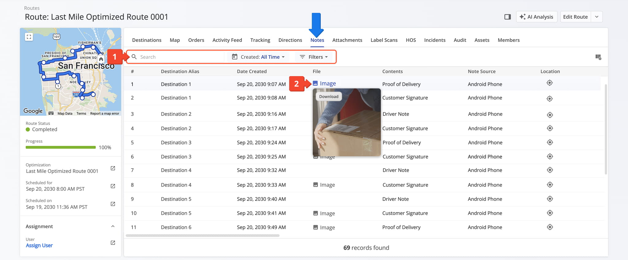 From the Notes tab, you can view all notes attached to a route along with detailed Workflow and Workflow Actions information.