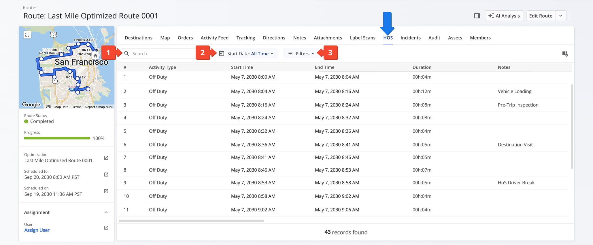 From the Hours of Service (HOS) tab of your Route Snapshot, review all service data associated with a specific last mile route.