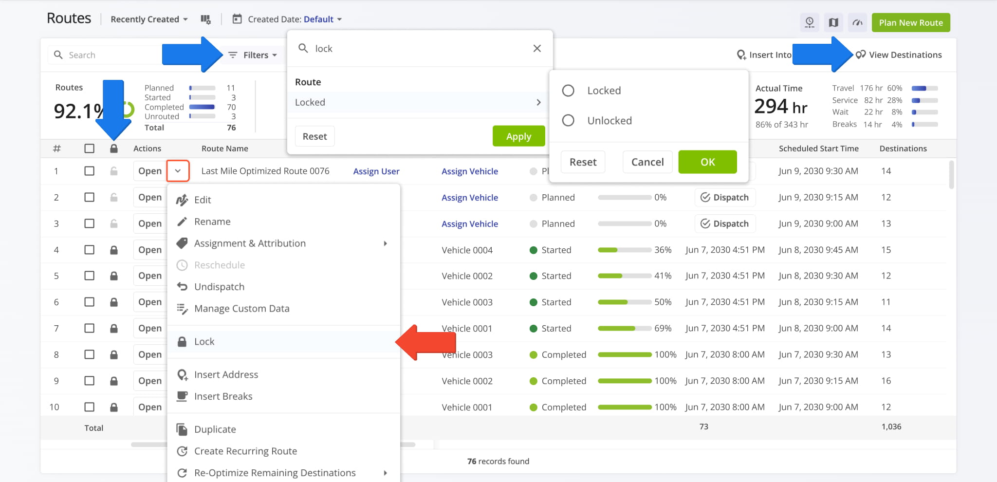 Lock a route from the Routes Page management action menu.
